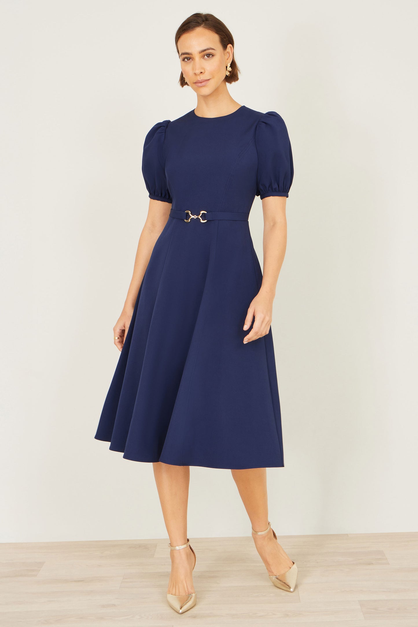 Yumi Navy Skater Dress With Puff Sleeves And Buckle Detail Dress Occasion Yumi