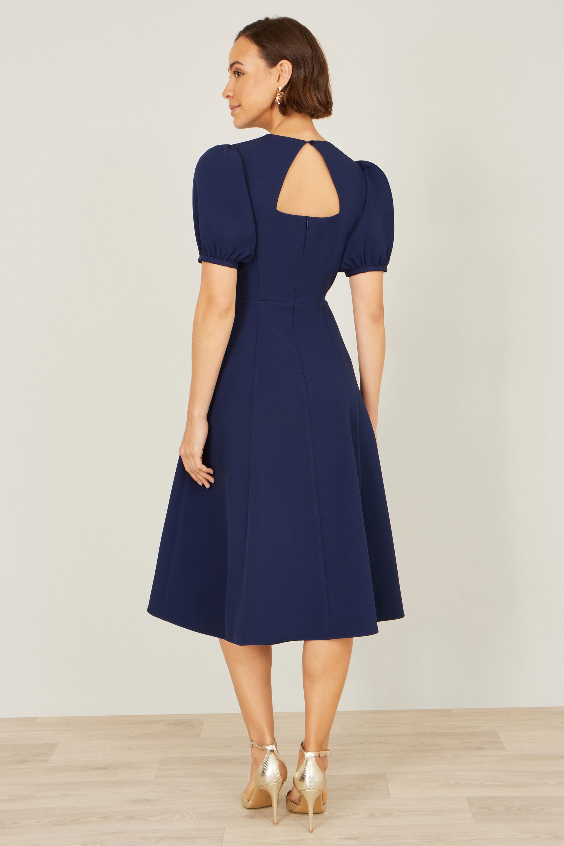 Yumi Navy Skater Dress With Puff Sleeves And Buckle Detail Dress Occasion Yumi
