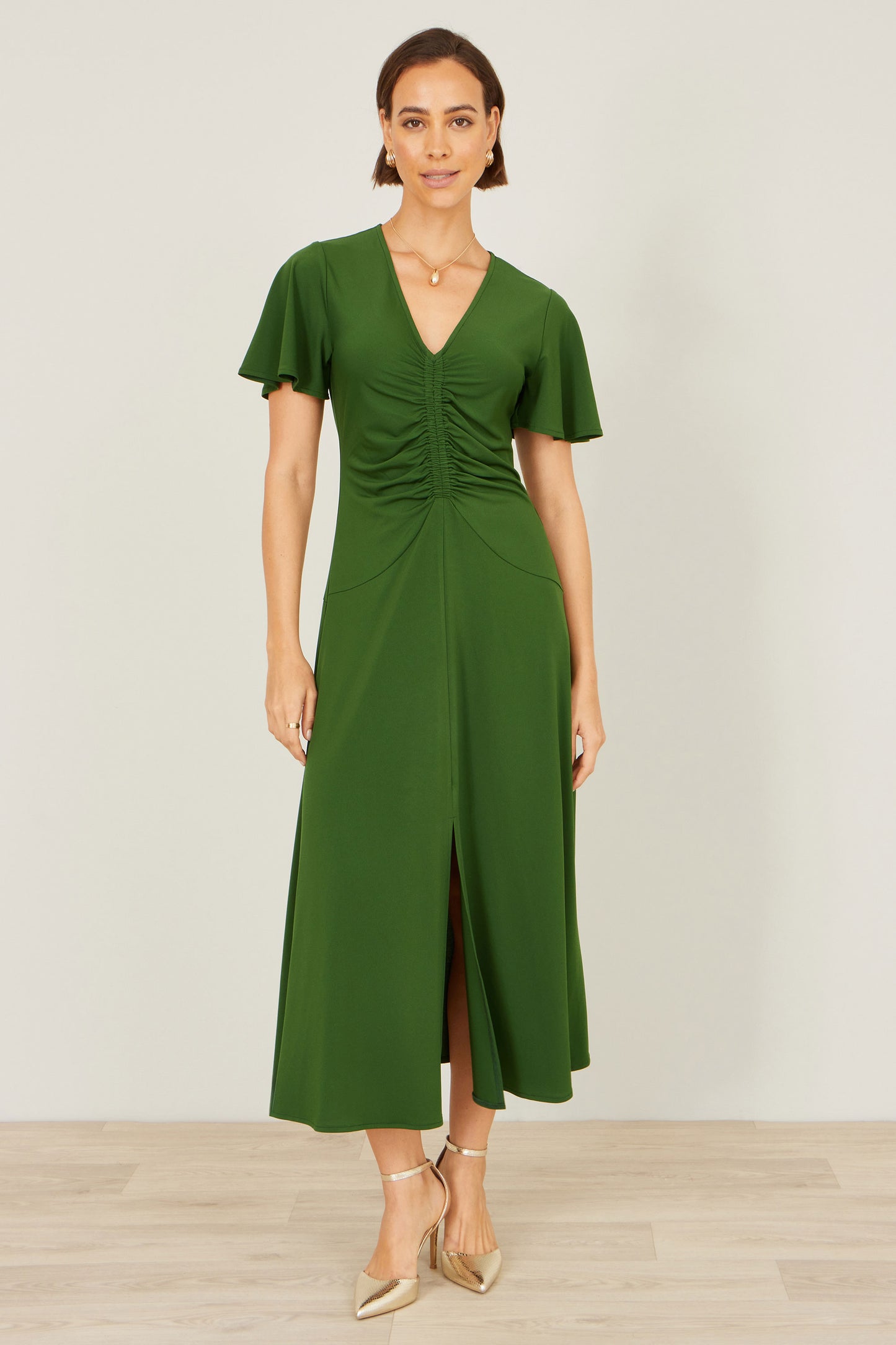 Yumi Green Ruched Front Stretch Midi Dress Dress Casual Yumi