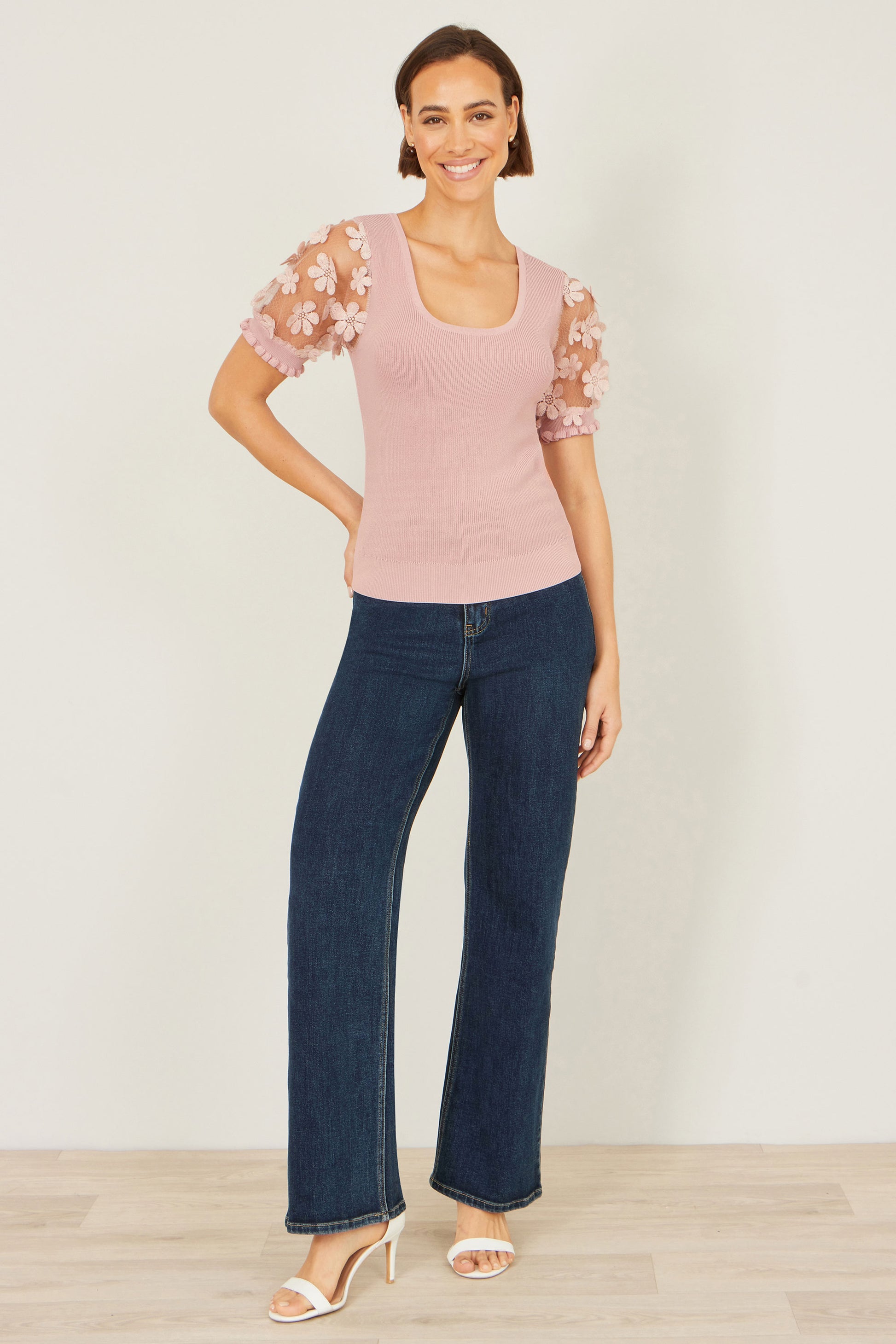 Yumi Blush Knitted Top With Floral Applique Knit Top Yumi