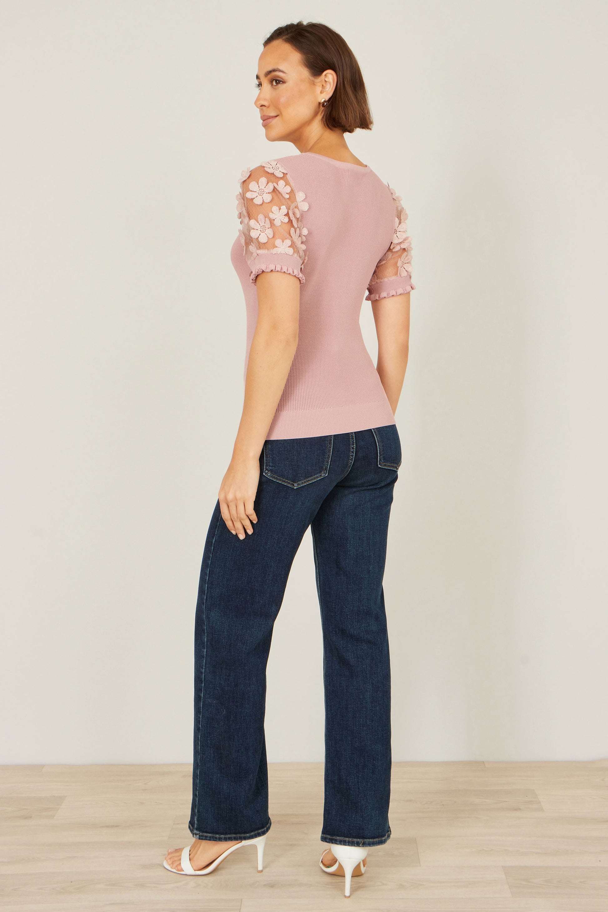 Yumi Blush Knitted Top With Floral Applique Knit Top Yumi