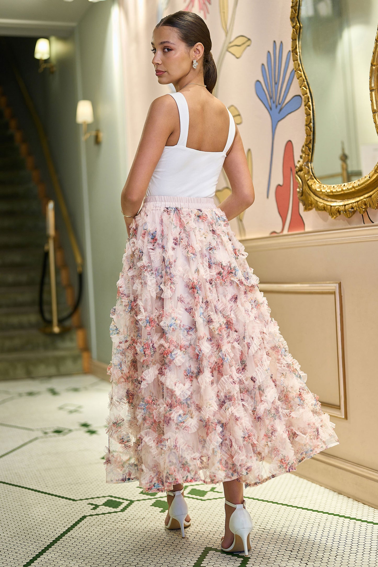 Yumi Ivory Floral Ruffle Mesh Midi Skirt Skirts Yumi