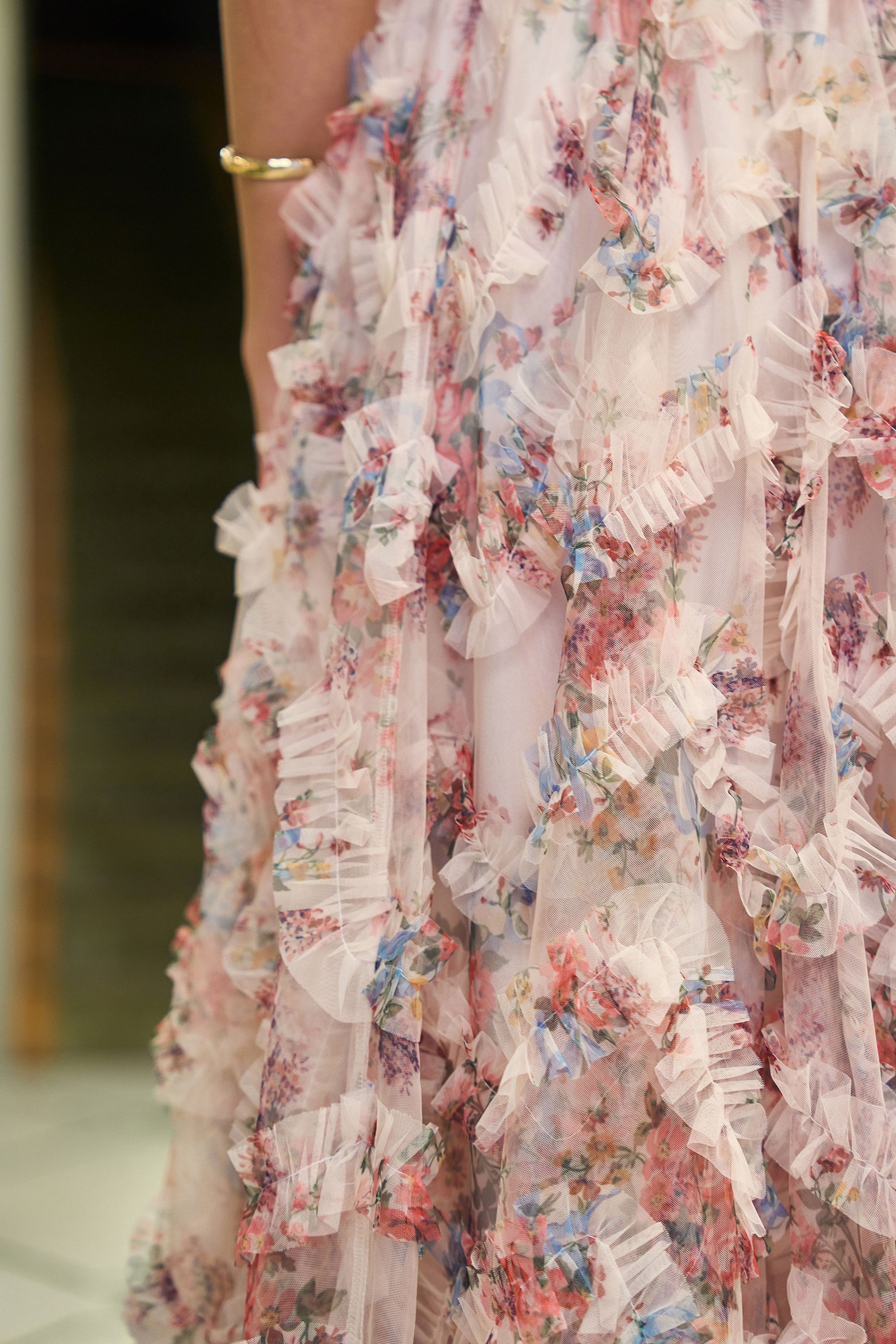 Yumi Ivory Floral Ruffle Mesh Midi Skirt Skirts Yumi