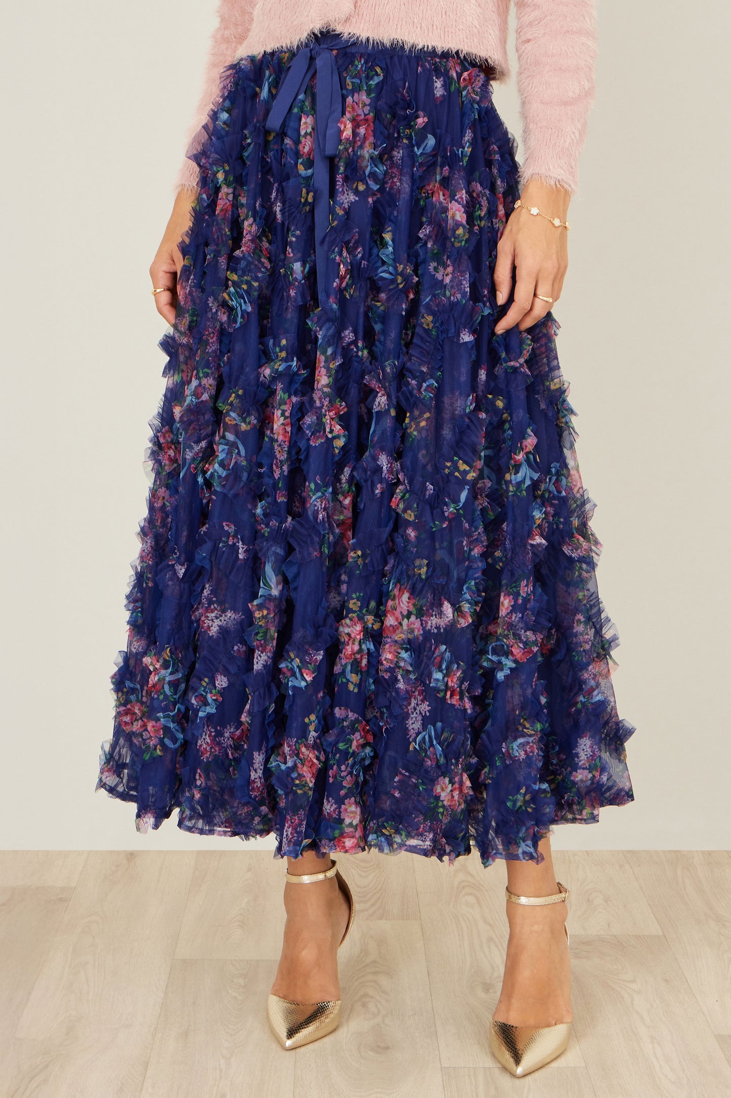 Yumi Navy Floral Ruffle Mesh Midi Skirt Skirts Yumi