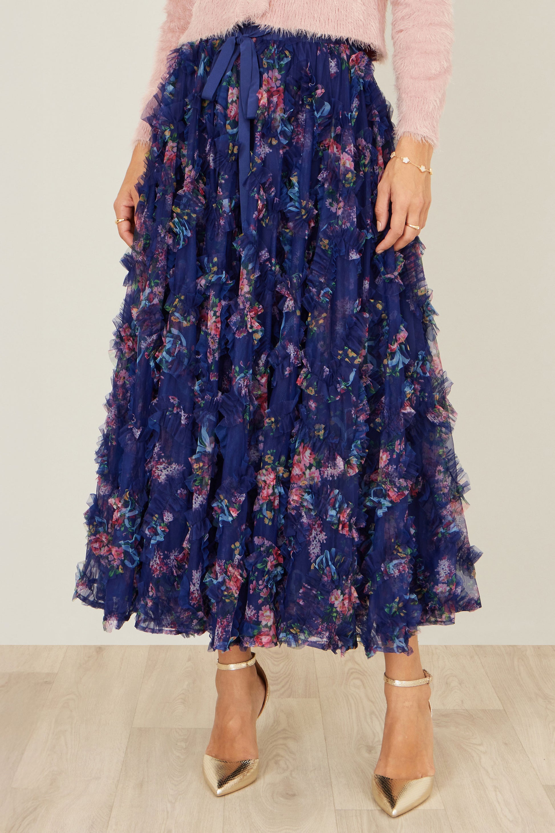 Yumi Navy Floral Ruffle Mesh Midi Skirt Skirts Yumi