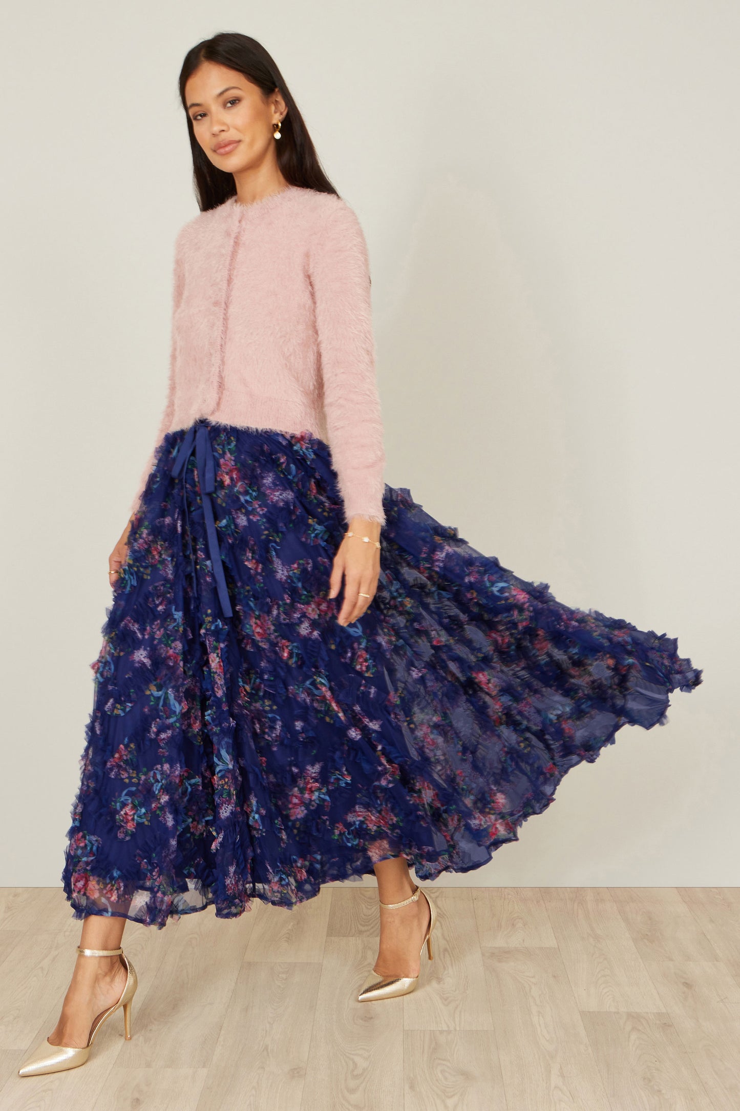 Yumi Navy Floral Ruffle Mesh Midi Skirt Skirts Yumi