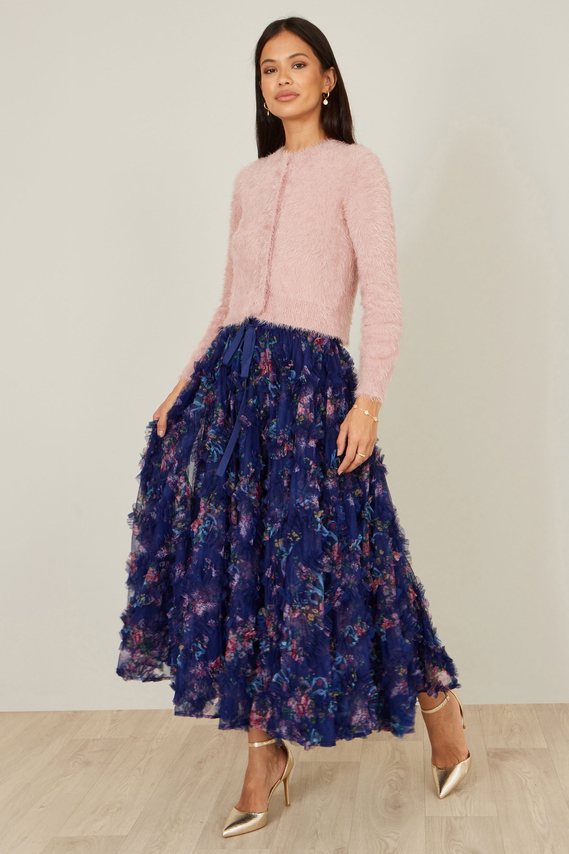 Yumi Navy Floral Ruffle Mesh Midi Skirt Skirts Yumi
