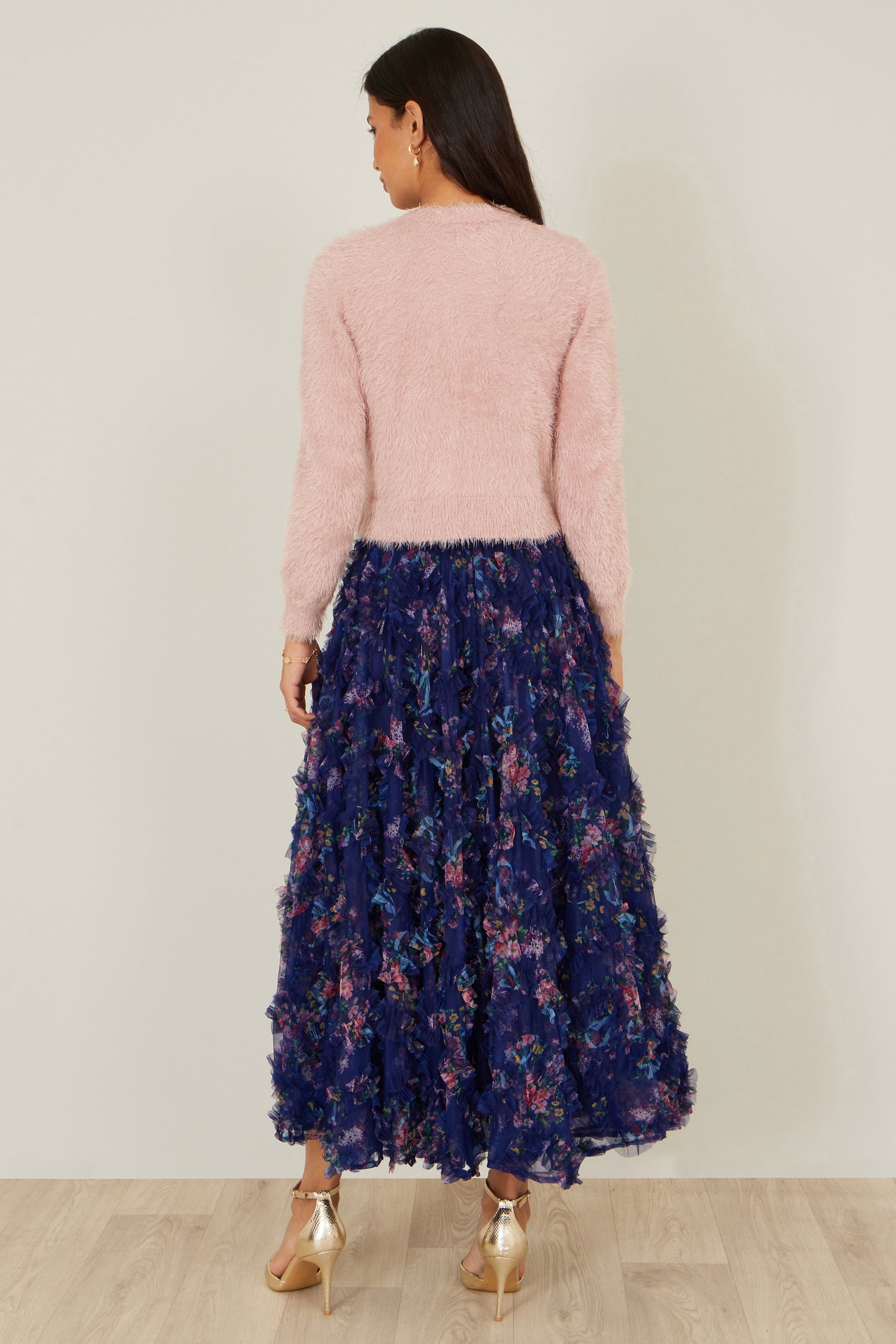 Yumi Navy Floral Ruffle Mesh Midi Skirt Skirts Yumi