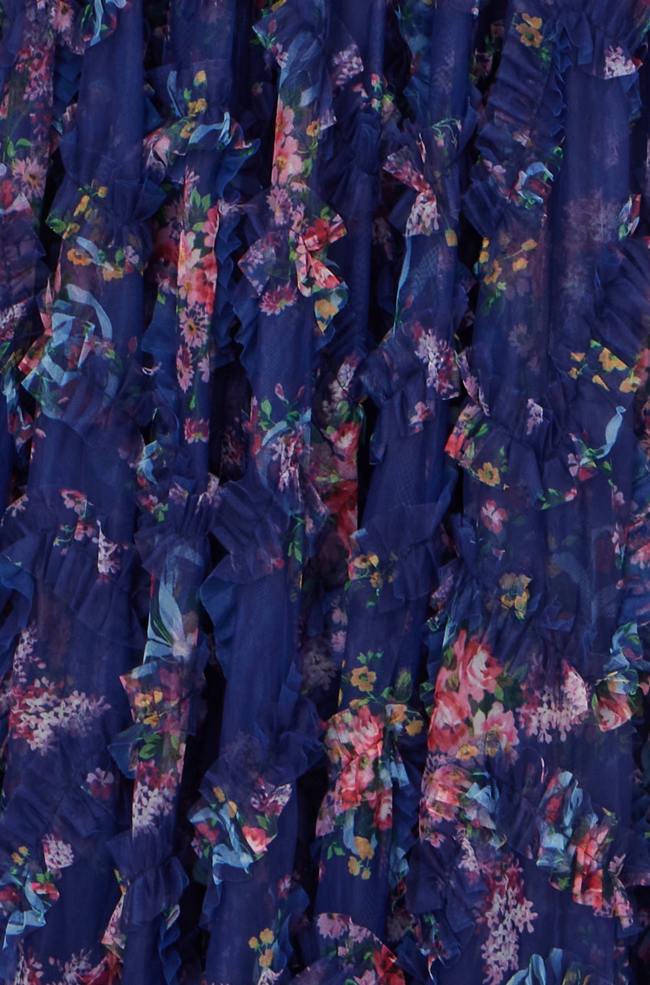 Yumi Navy Floral Ruffle Mesh Midi Skirt Skirts Yumi