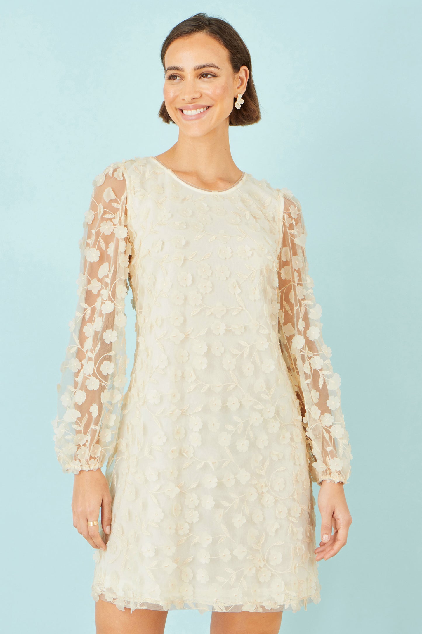 Yumi Ivory Long Sleeve Floral Applique Tunic Dress Occasion Yumi