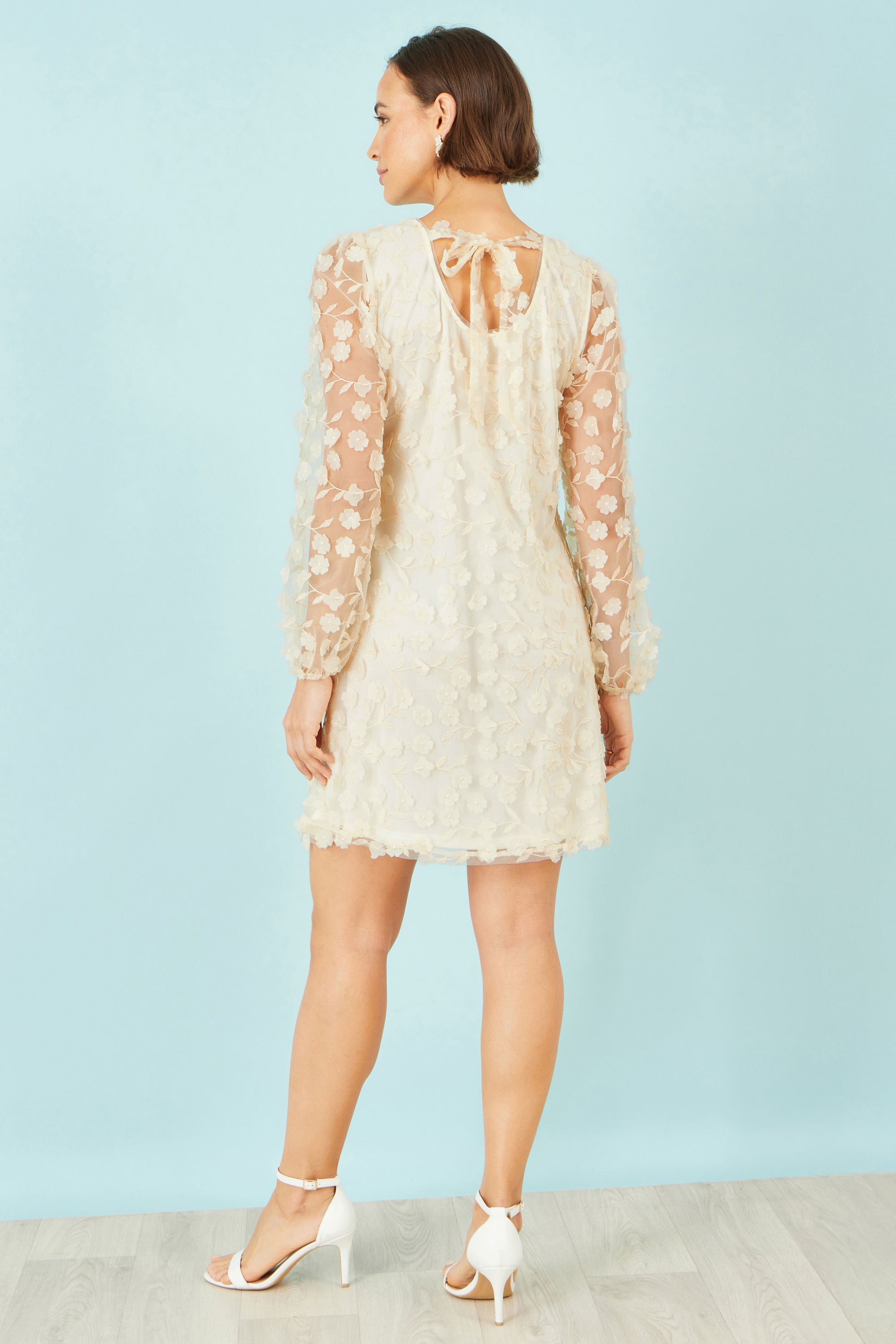Yumi Ivory Long Sleeve Floral Applique Tunic Dress Occasion Yumi