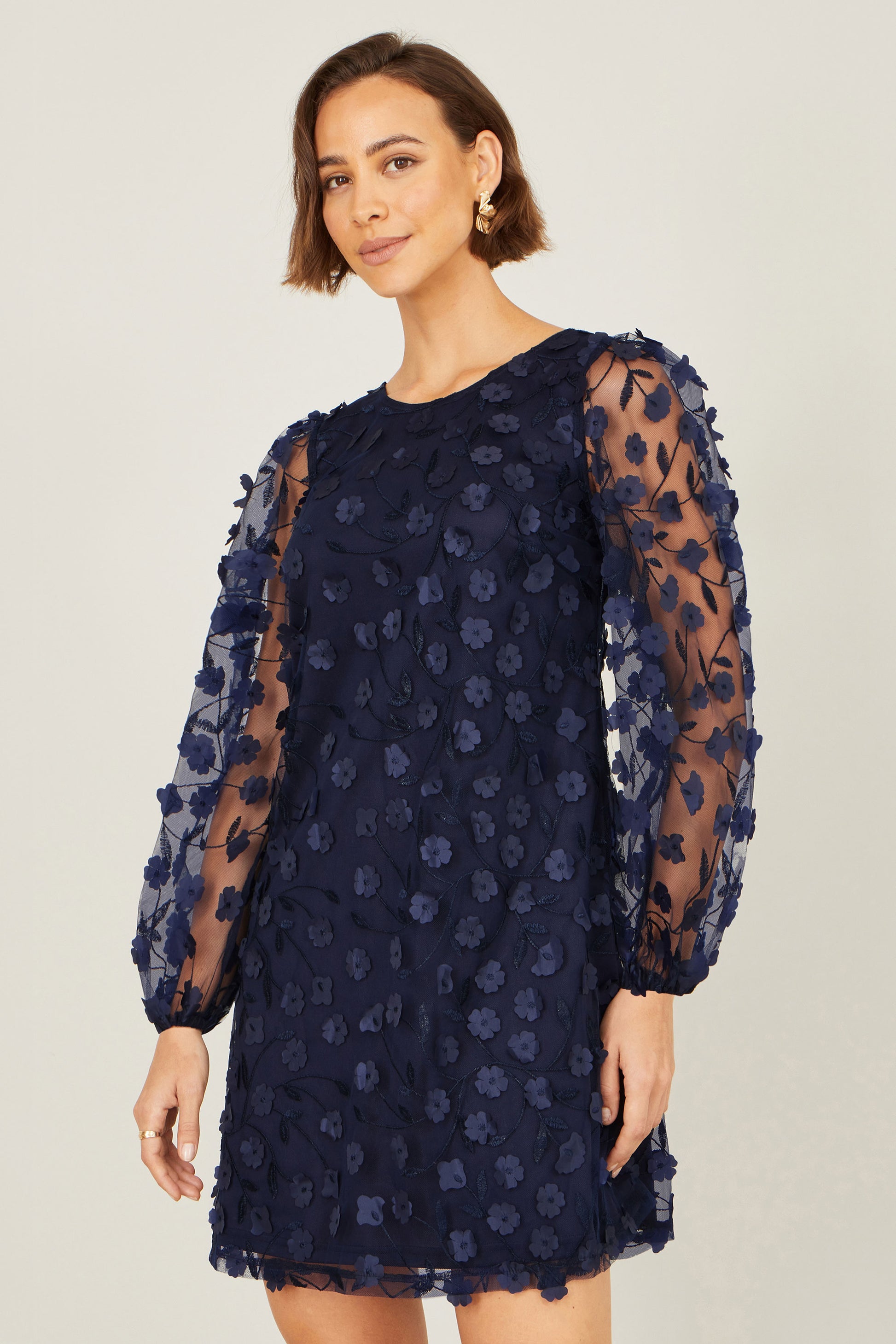 Yumi Navy Long Sleeve Floral Applique Tunic Dress Occasion Yumi