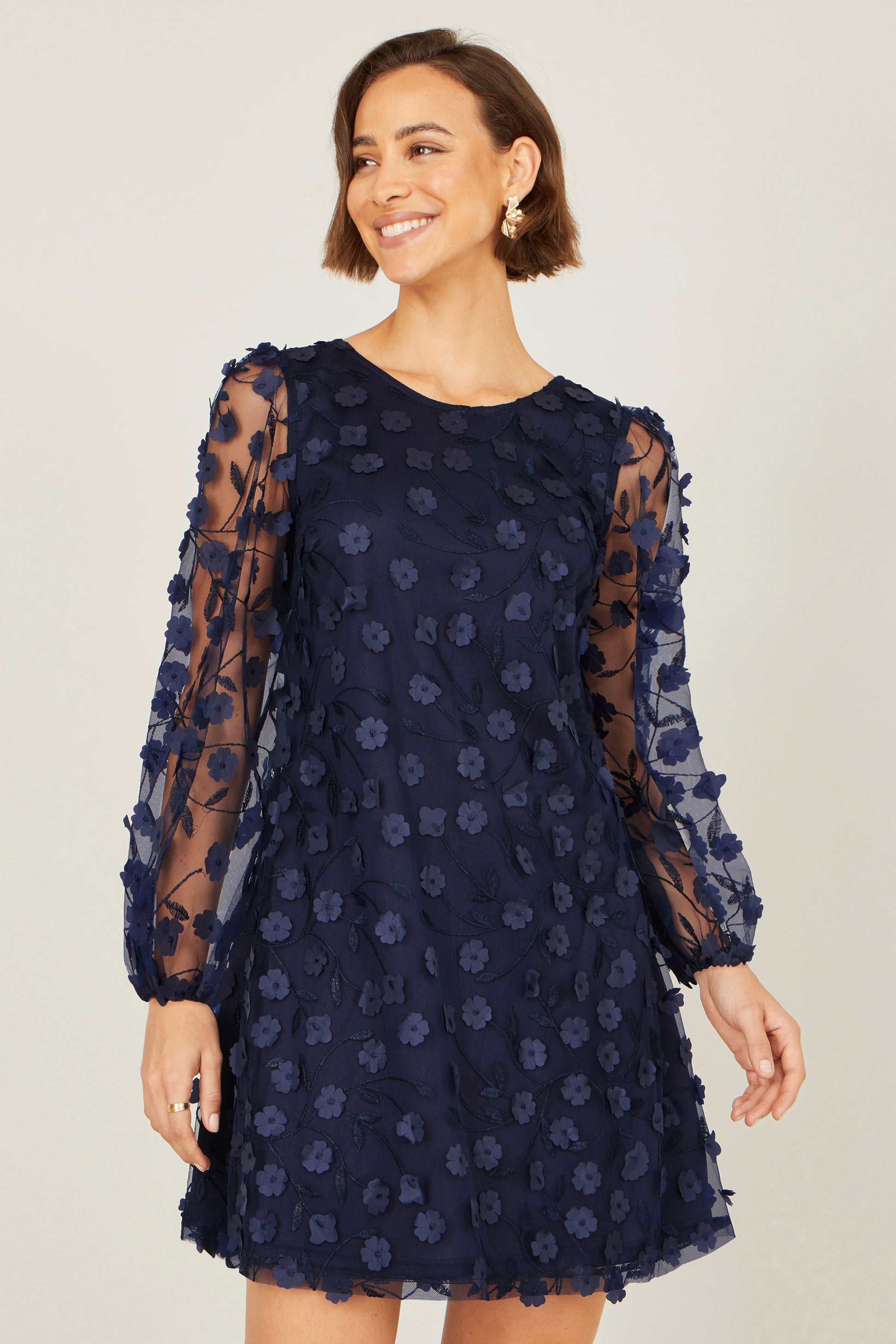 Yumi Navy Long Sleeve Floral Applique Tunic Dress Occasion Yumi