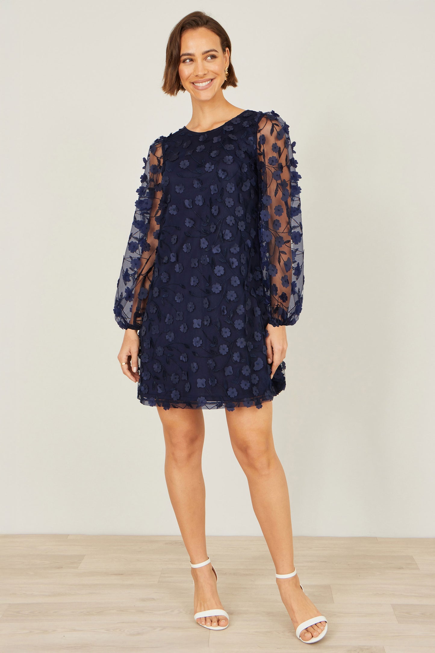 Yumi Navy Long Sleeve Floral Applique Tunic Dress Occasion Yumi