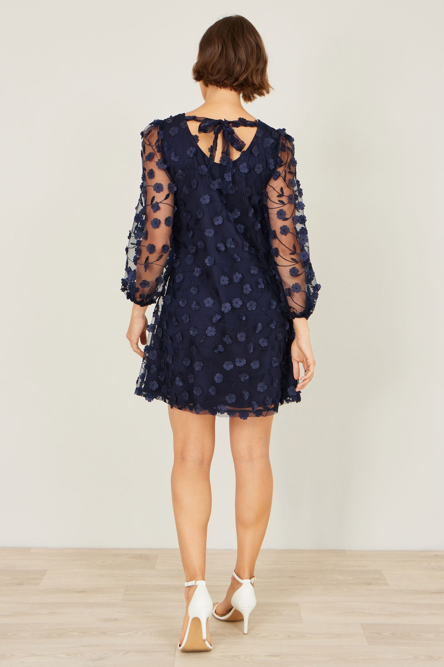 Yumi Navy Long Sleeve Floral Applique Tunic Dress Occasion Yumi