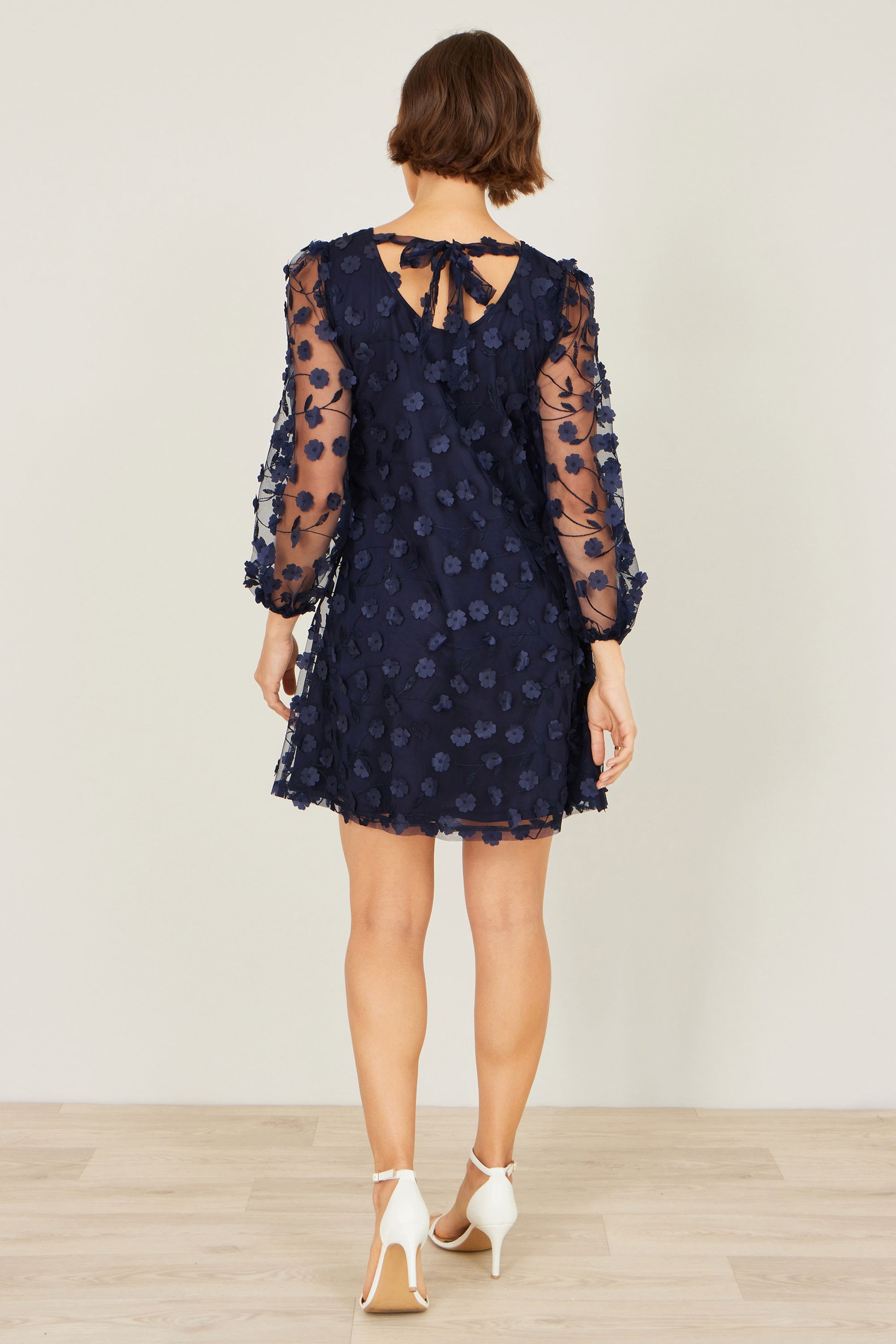 Yumi Navy Long Sleeve Floral Applique Tunic Dress Occasion Yumi