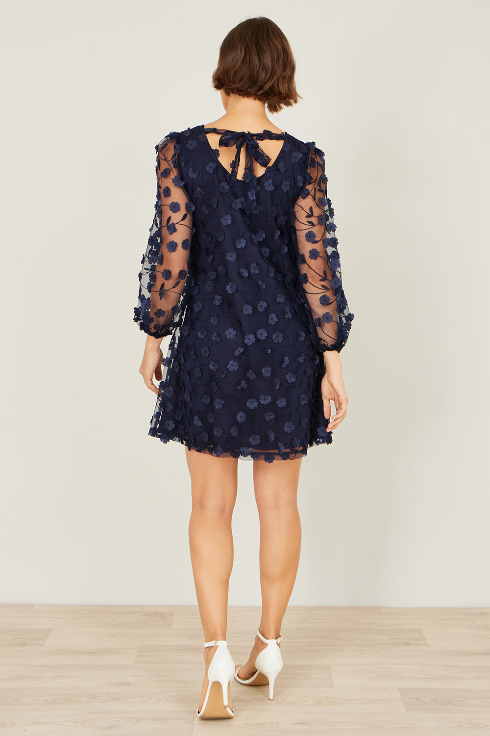 Yumi Navy Long Sleeve Floral Applique Tunic Dress Occasion Yumi