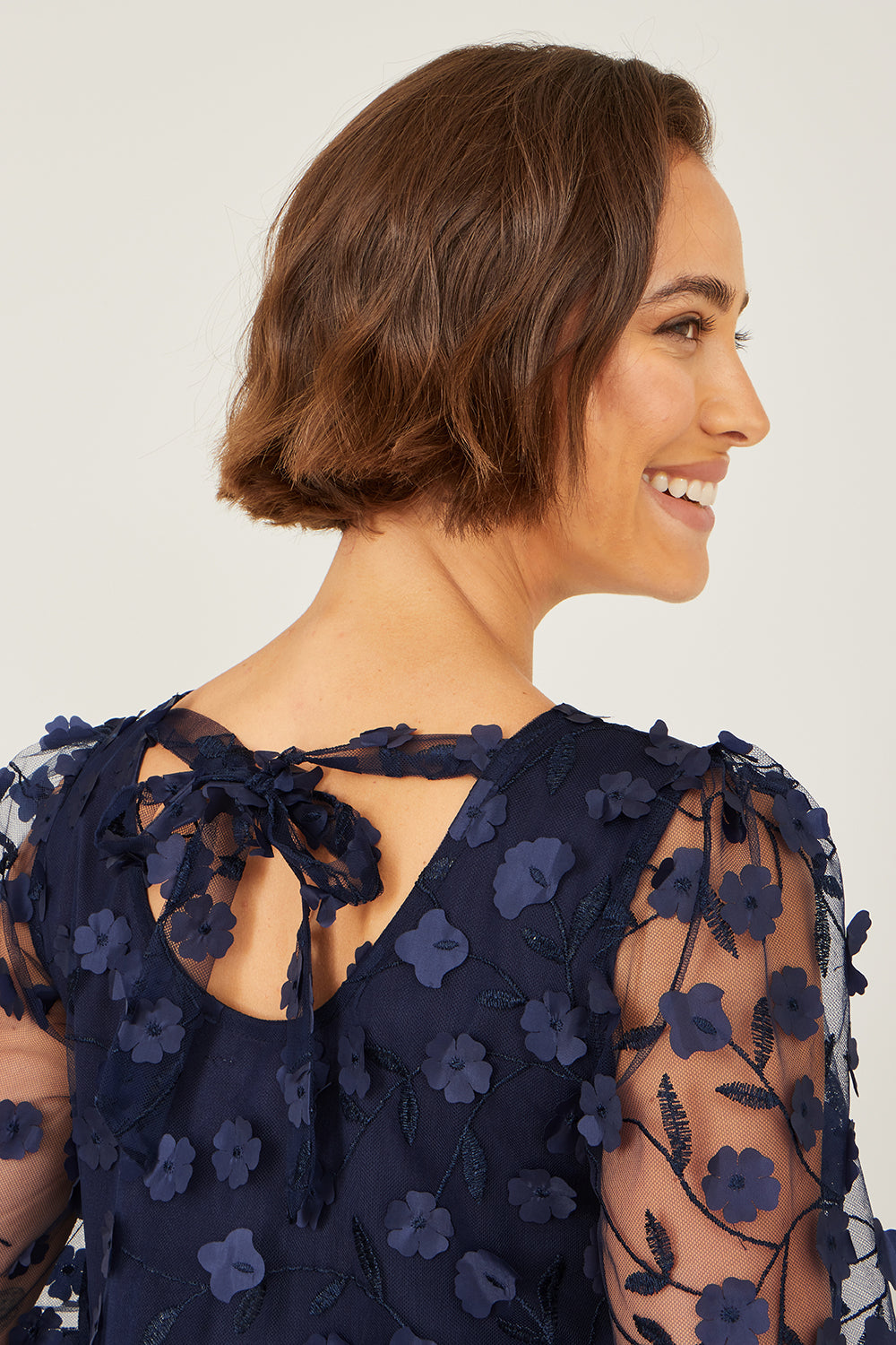 Yumi Navy Long Sleeve Floral Applique Tunic Dress Occasion Yumi