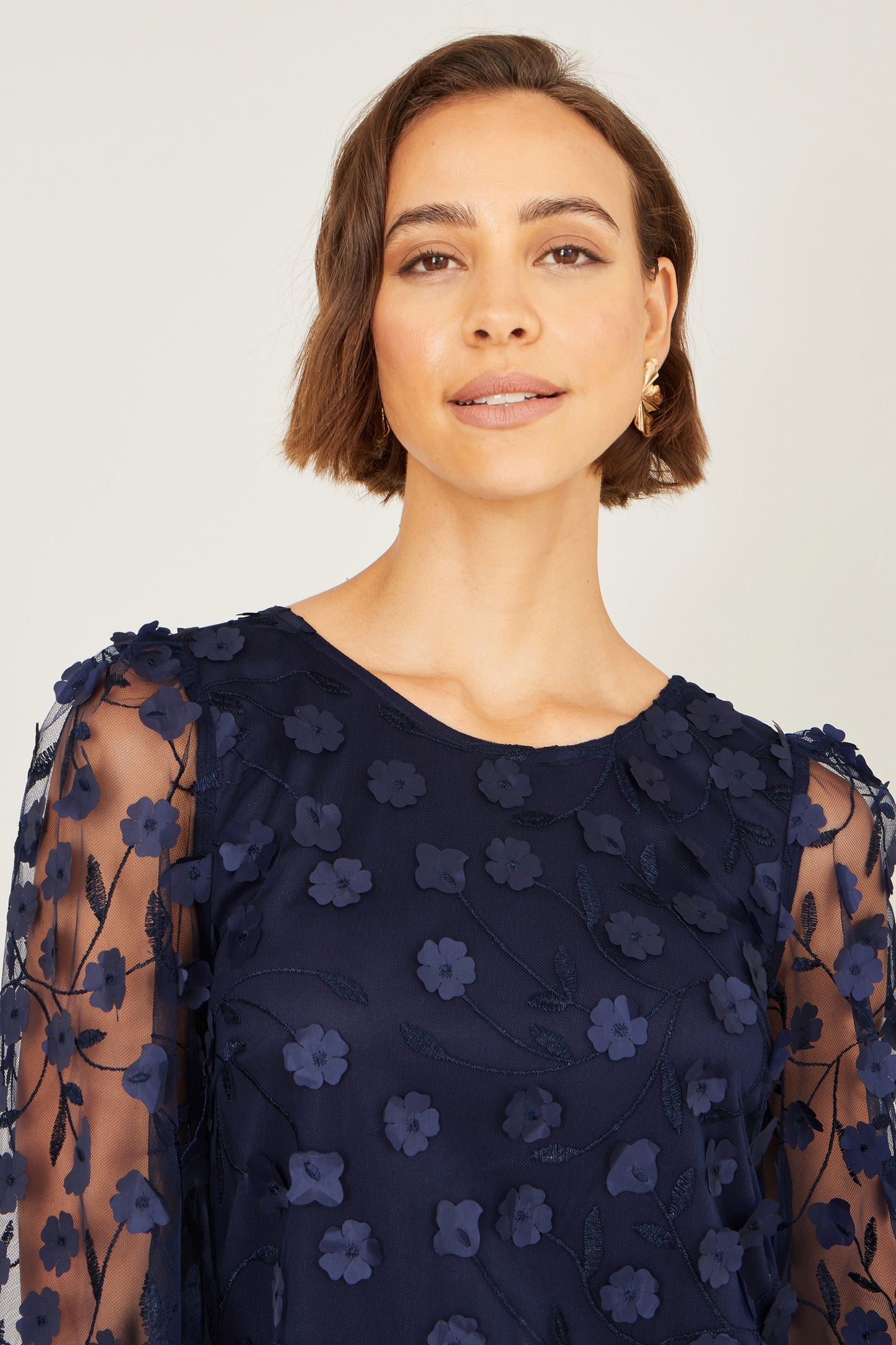 Yumi Navy Long Sleeve Floral Applique Tunic Dress Occasion Yumi