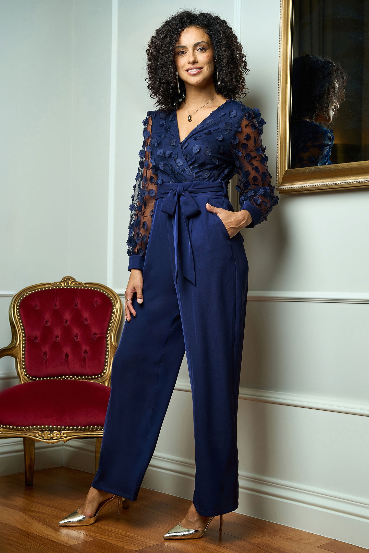 Yumi Navy Flower Applique Jumpsuit JUMPSUIT Yumi