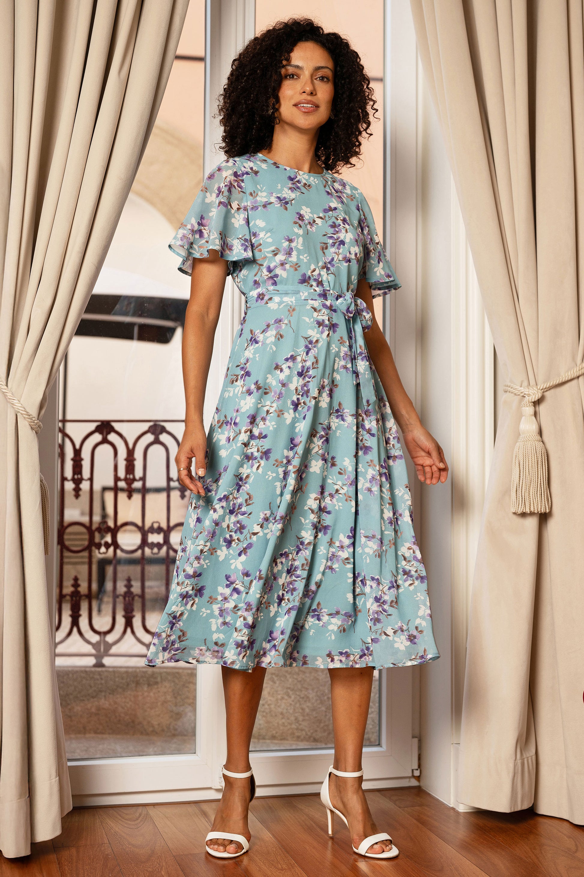 Yumi Blue Blossom Skater Midi Dress With Angel Sleeves | Yumi Yumi Blue Blossom Skater Midi Dress With Angel Sleeves | Yumi
