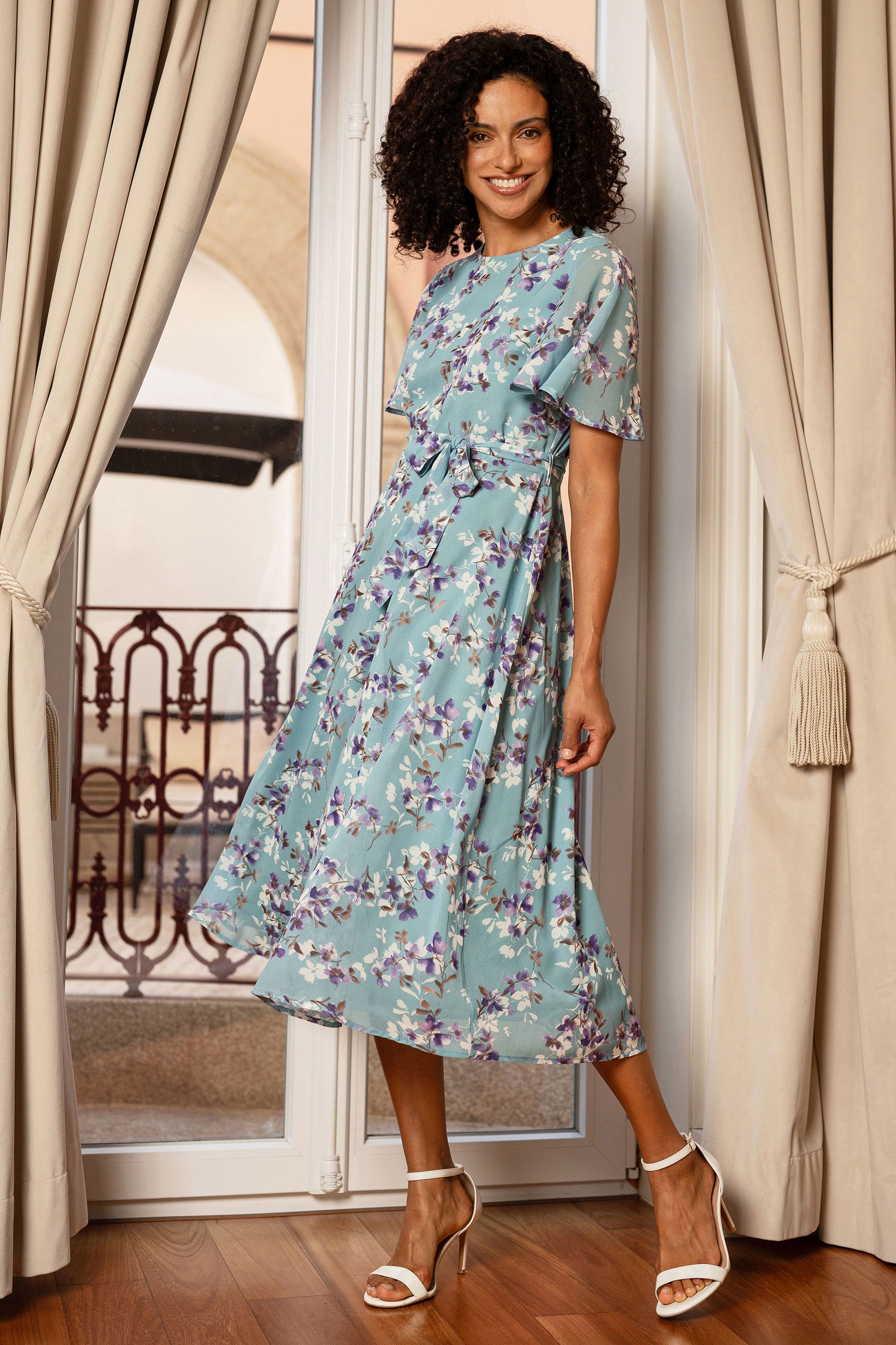 Yumi Blue Blossom Skater Midi Dress With Angel Sleeves Dress Occasion Yumi
