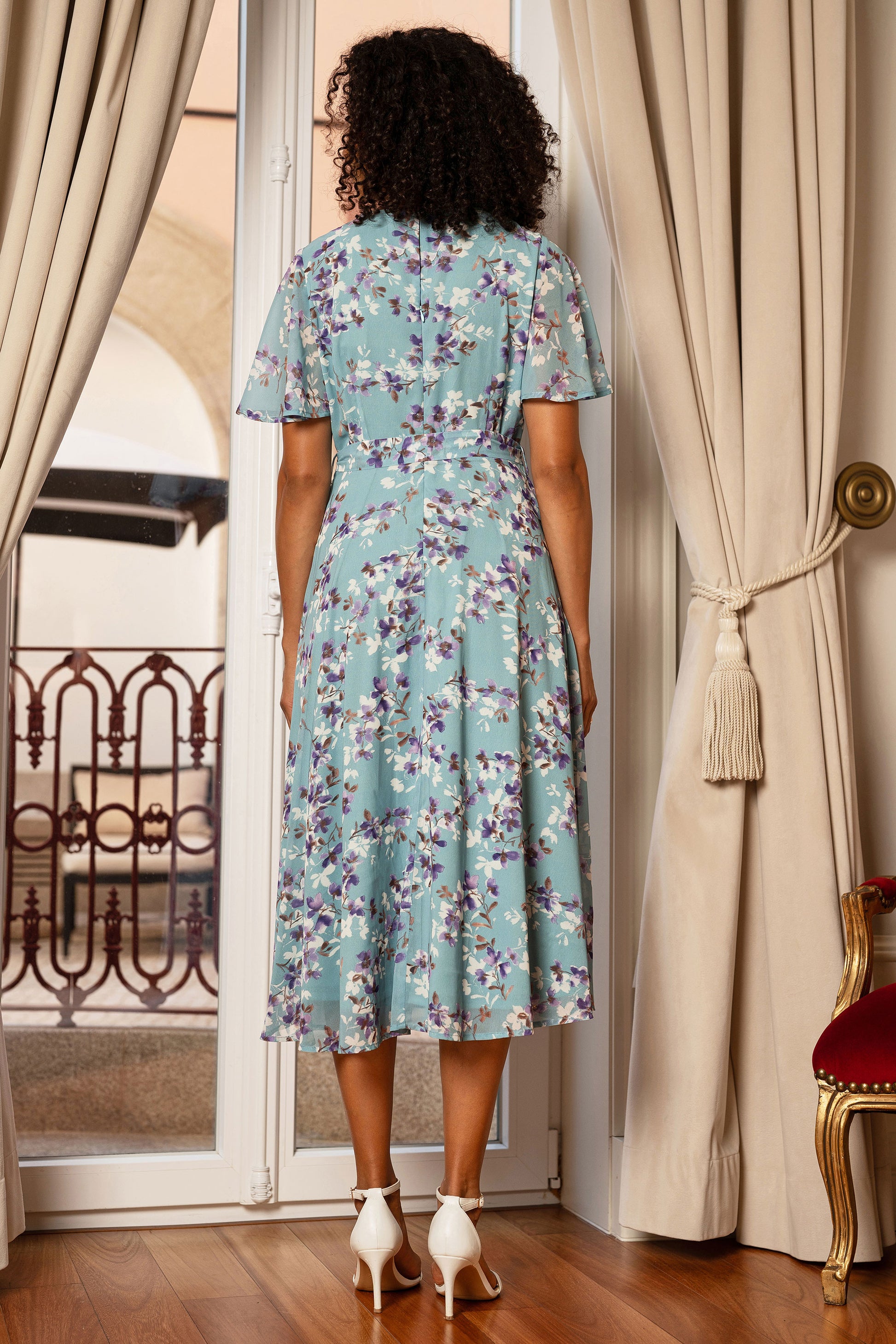 Yumi Blue Blossom Skater Midi Dress With Angel Sleeves Dress Occasion Yumi