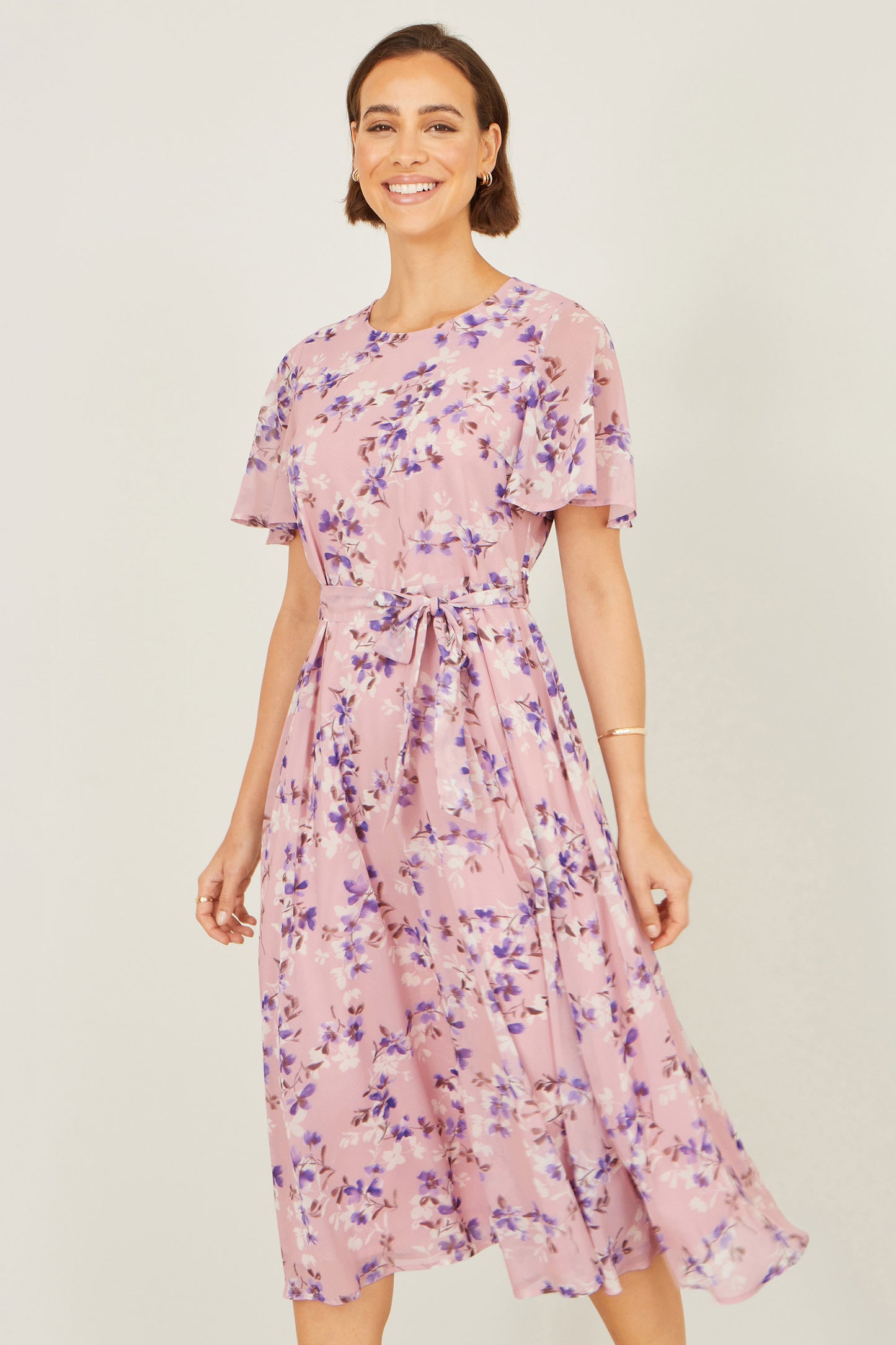 Yumi Pink Blossom Skater Midi Dress With Angel Sleeves Dress Occasion Yumi