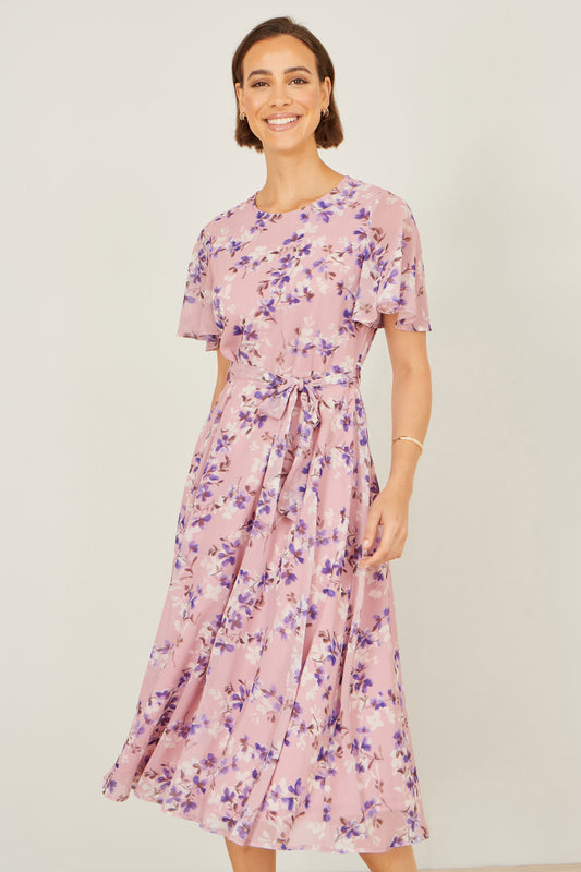 Yumi Pink Blossom Skater Midi Dress With Angel Sleeves Dress Occasion Yumi