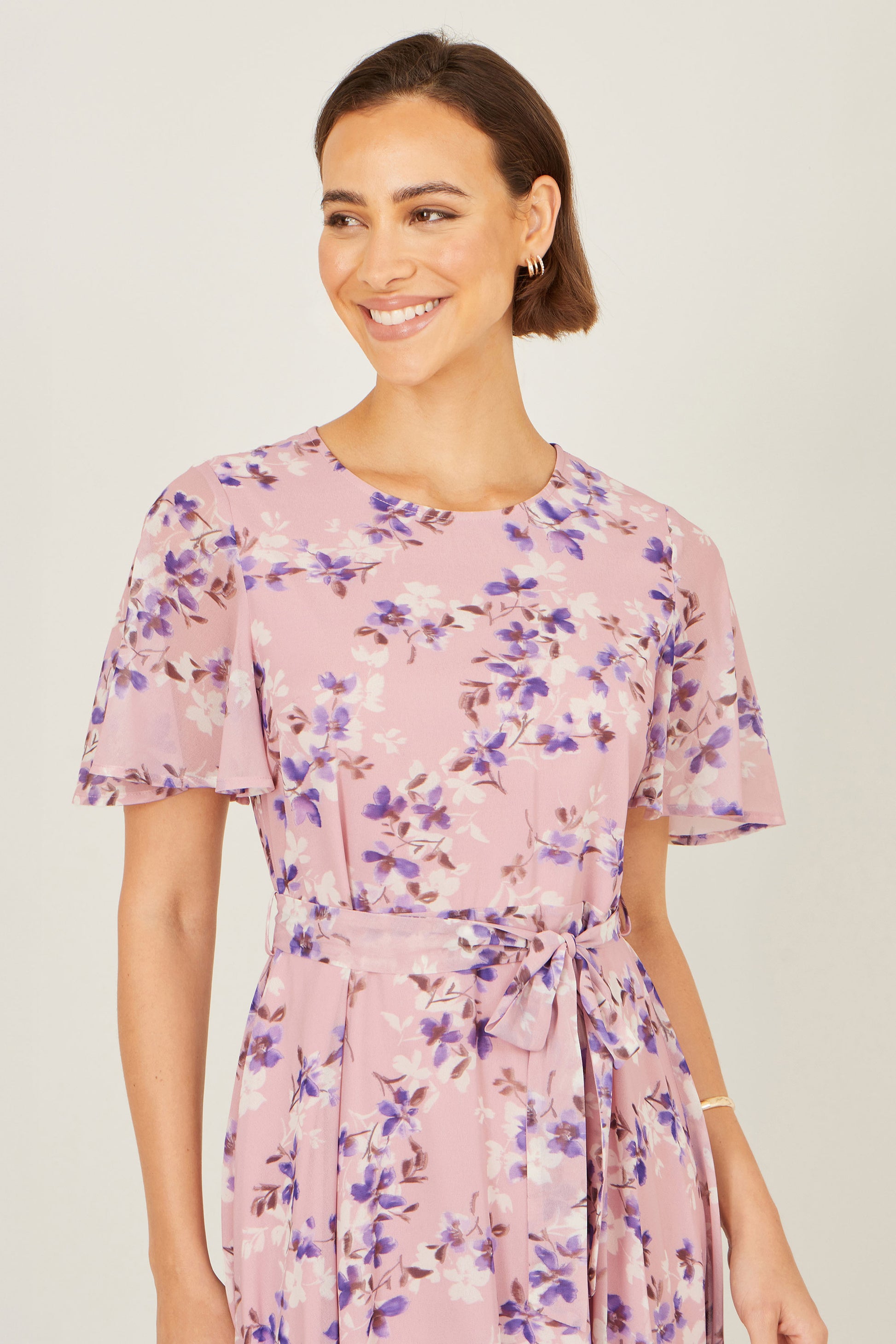 Yumi Pink Blossom Skater Midi Dress With Angel Sleeves Dress Occasion Yumi