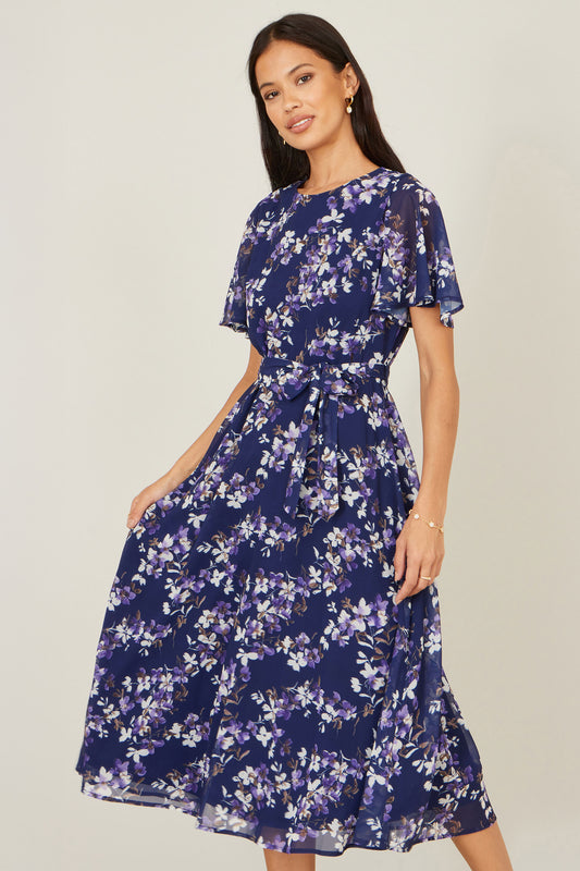 Yumi Navy Blossom Print Midi Skater Dress With Angel Sleeves Dress Occasion Yumi