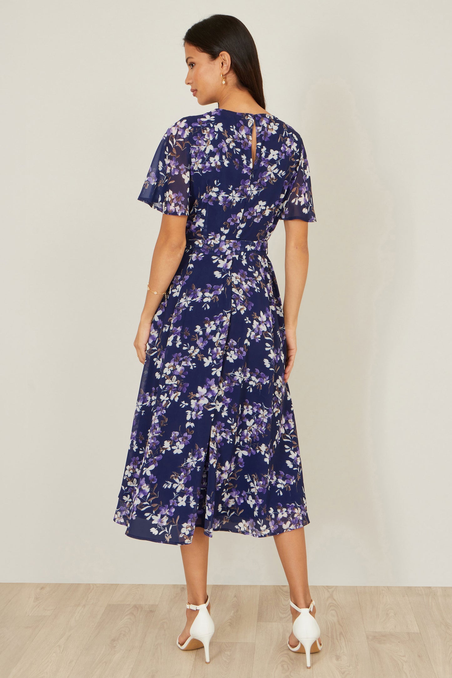 Yumi Navy Blossom Print Midi Skater Dress With Angel Sleeves Dress Occasion Yumi