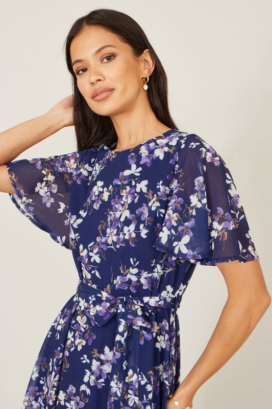 Yumi Navy Blossom Print Midi Skater Dress With Angel Sleeves Dress Occasion Yumi