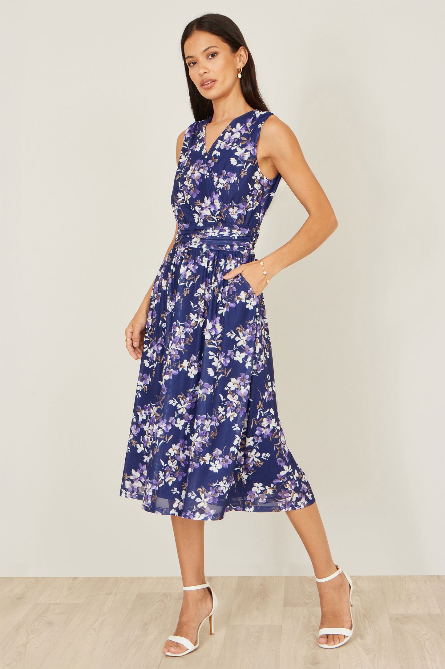 Yumi Navy Blossom Print Mesh Stretch Midi Dress With Pockets Dress Occasion Yumi