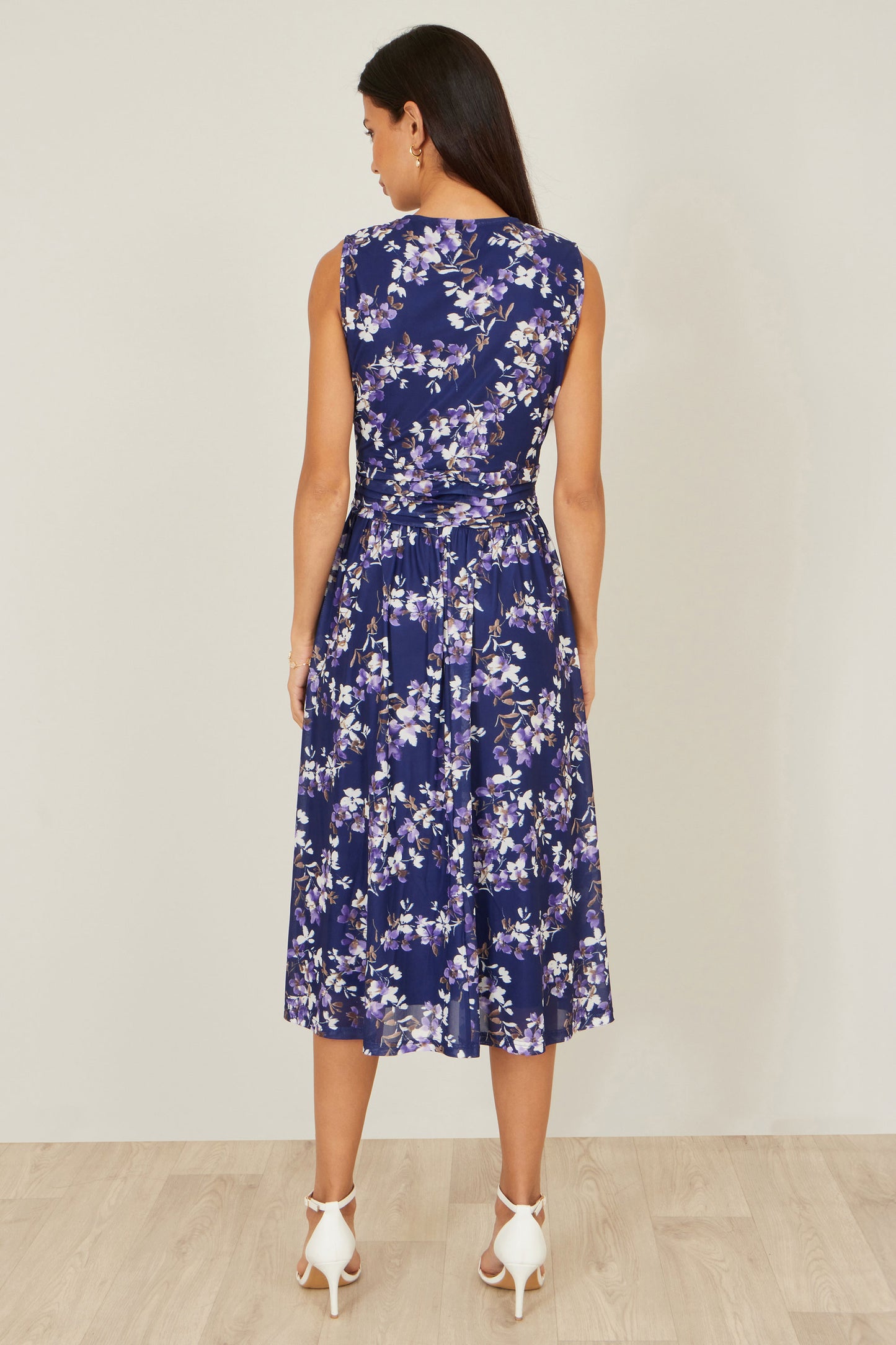 Yumi Navy Blossom Print Mesh Stretch Midi Dress With Pockets Dress Occasion Yumi