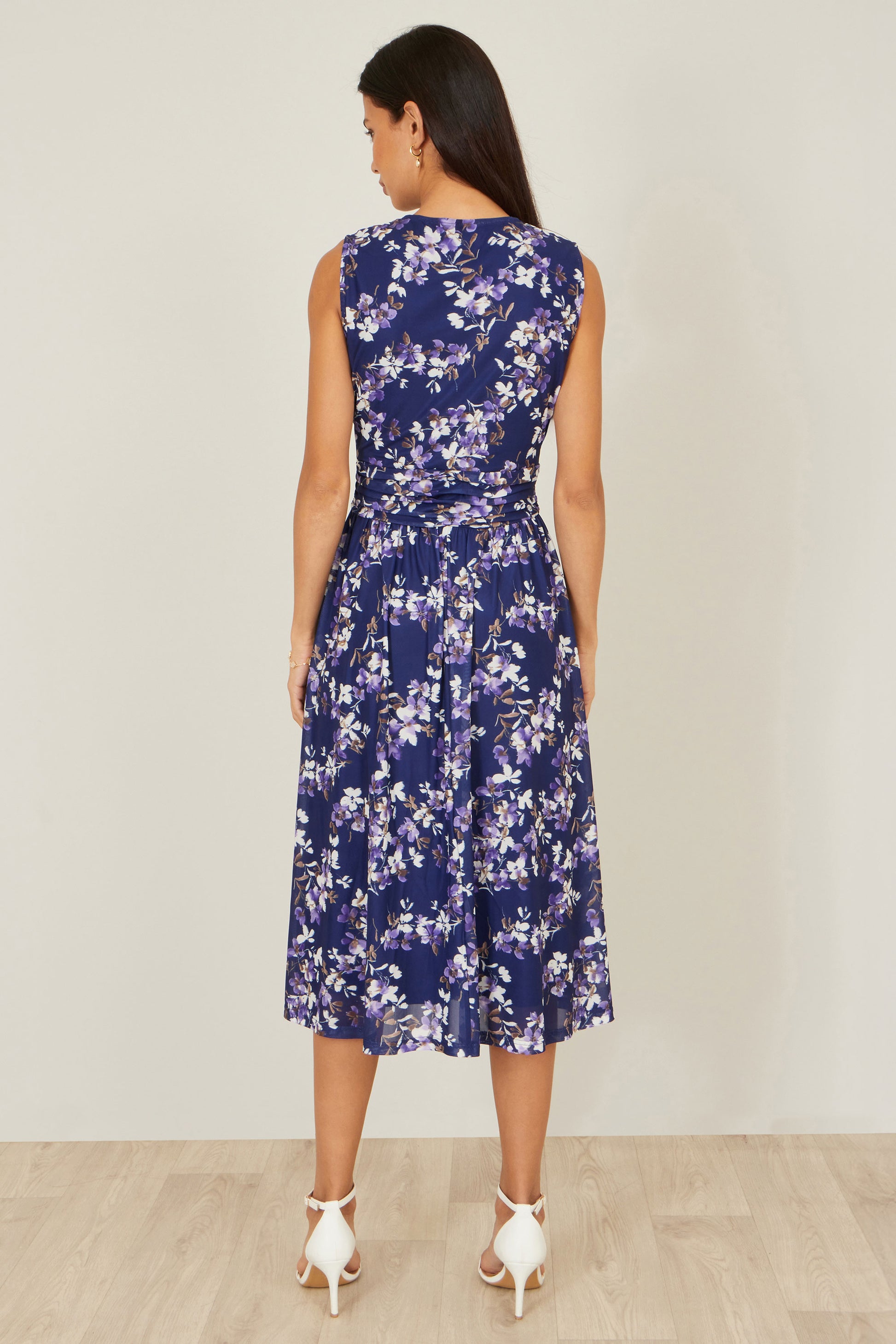 Yumi Navy Blossom Print Mesh Stretch Midi Dress With Pockets Dress Occasion Yumi