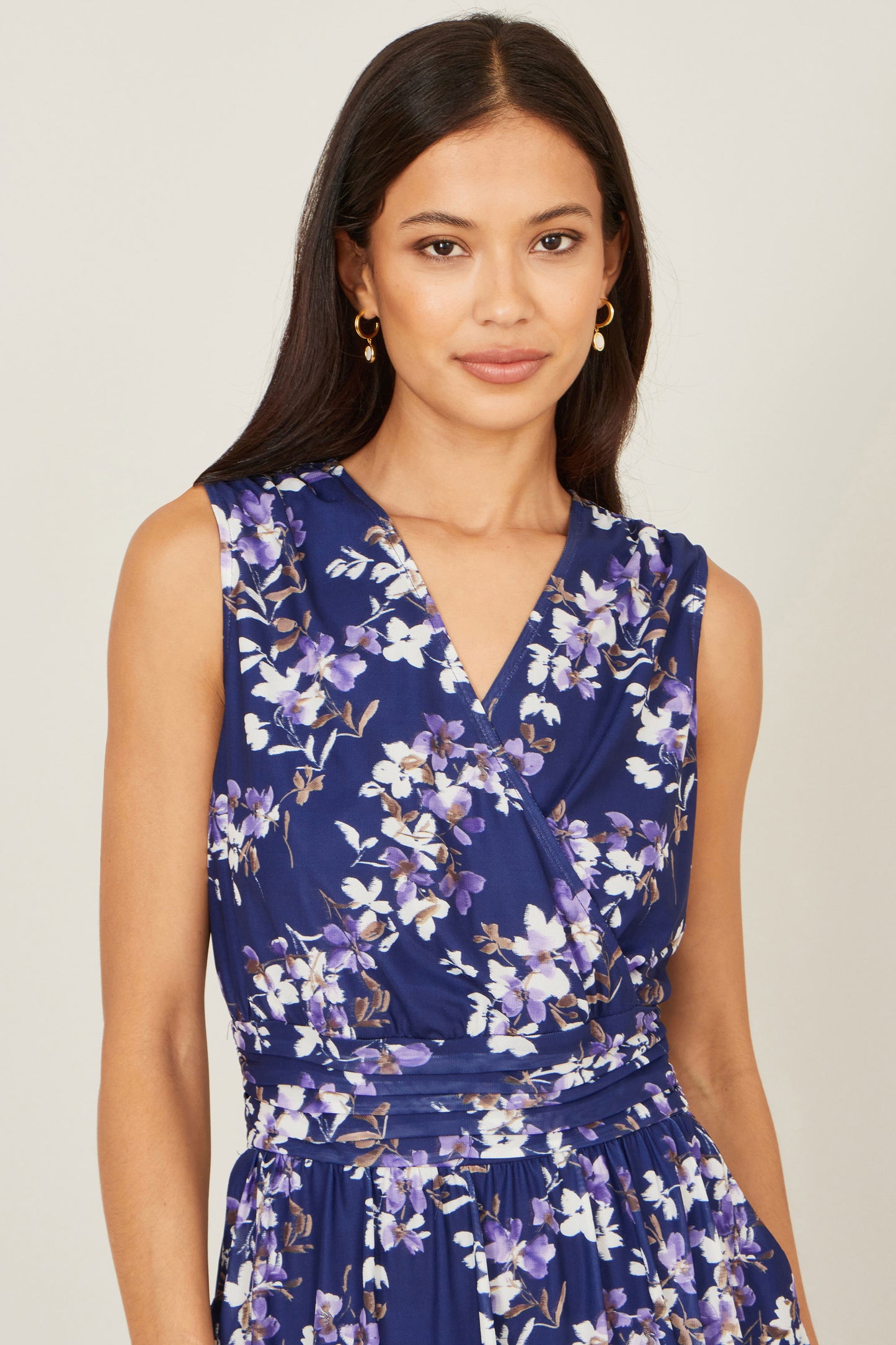 Yumi Navy Blossom Print Mesh Stretch Midi Dress With Pockets Dress Occasion Yumi
