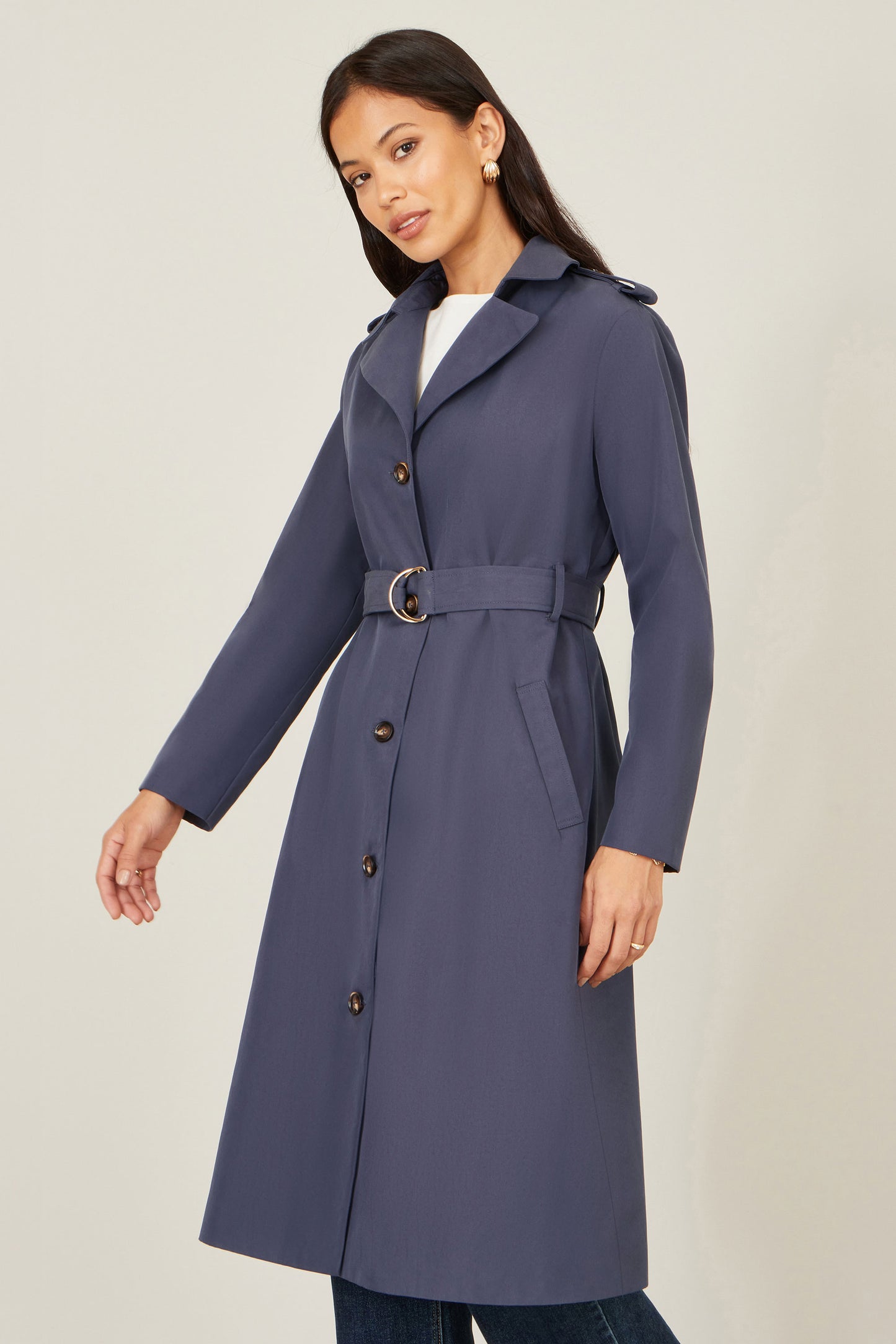 Yumi Navy Belted Long Trench Coat With Belt Outerwear Yumi