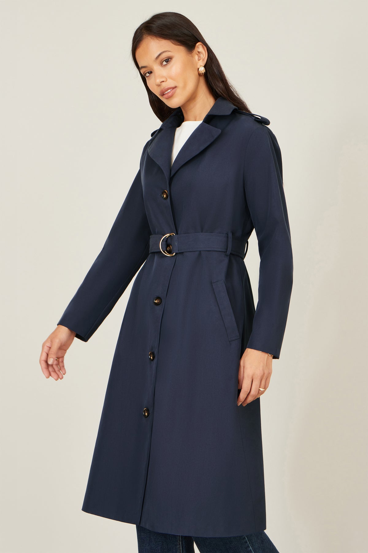 Yumi Navy Belted Long Trench Coat With Belt Outerwear Yumi