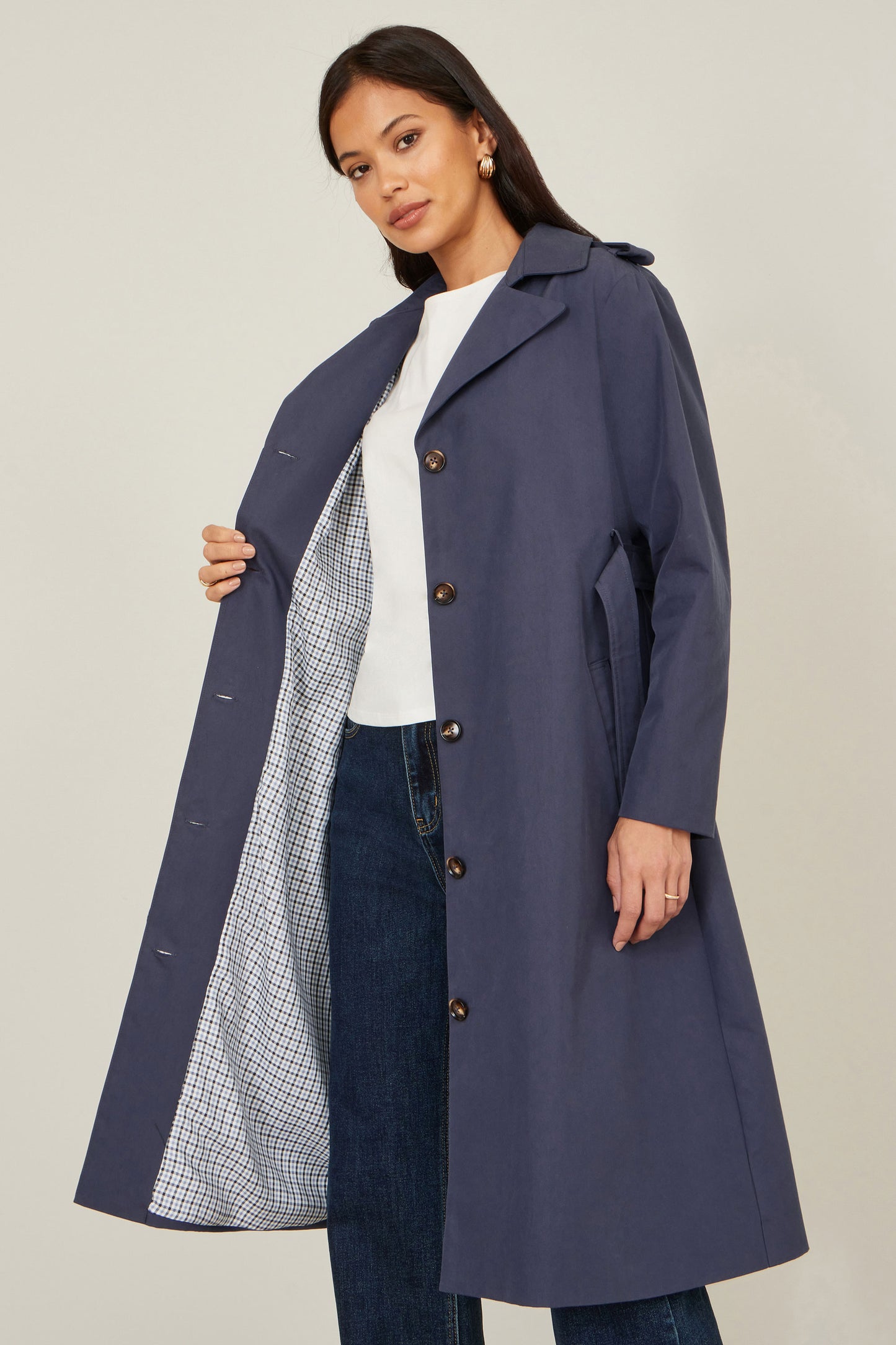 Yumi Navy Belted Long Trench Coat With Belt Outerwear Yumi