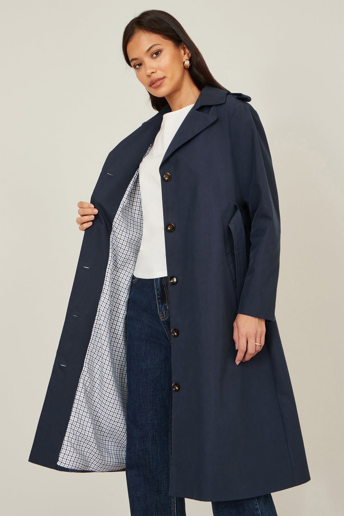 Yumi Navy Belted Long Trench Coat With Belt Outerwear Yumi