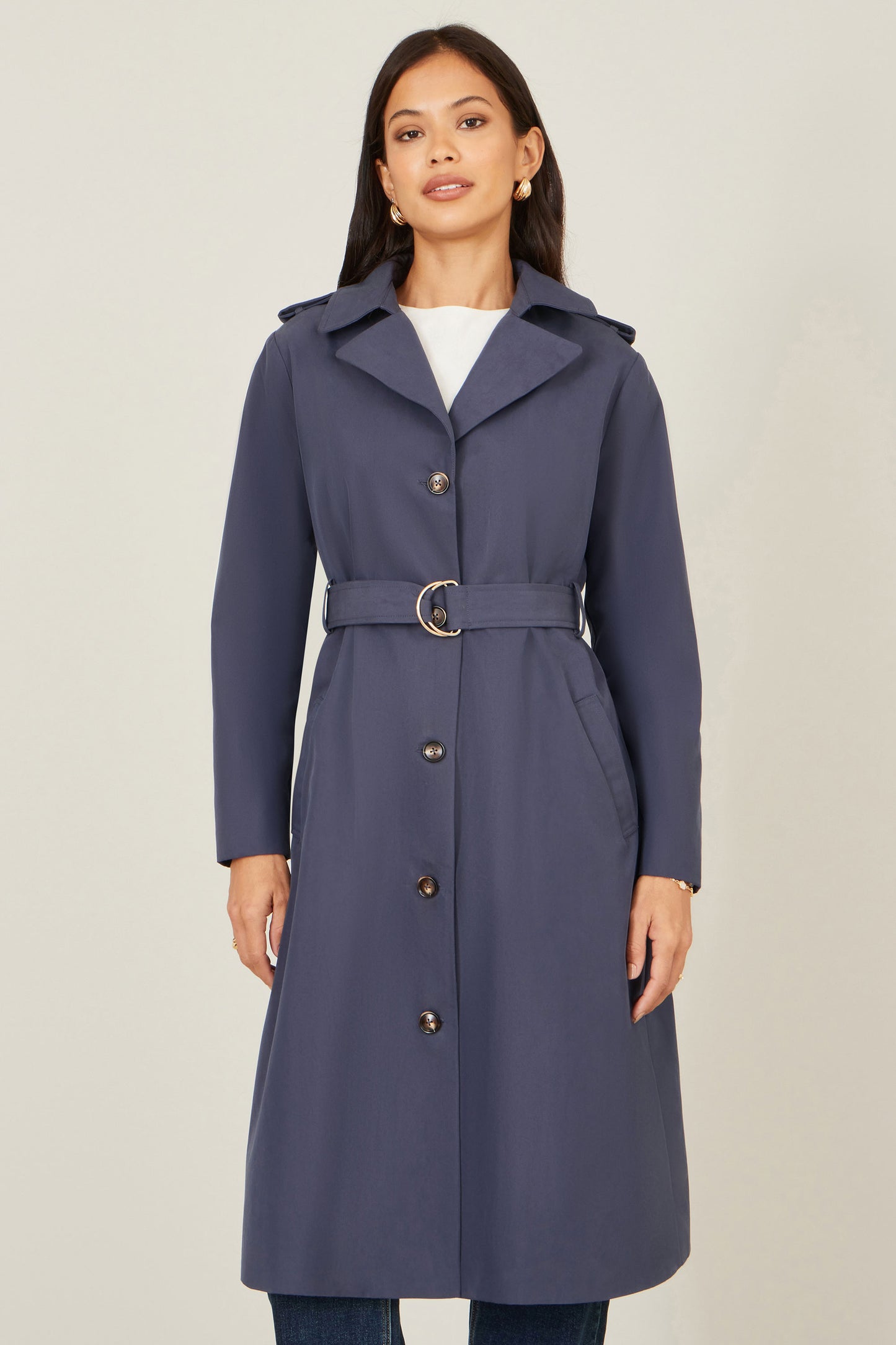 Yumi Navy Belted Long Trench Coat With Belt Outerwear Yumi