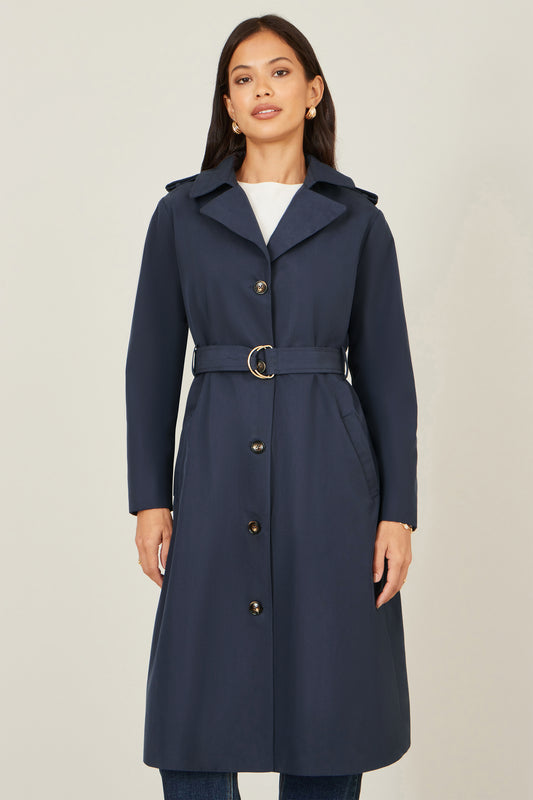 Yumi Navy Belted Long Trench Coat With Belt Outerwear Yumi