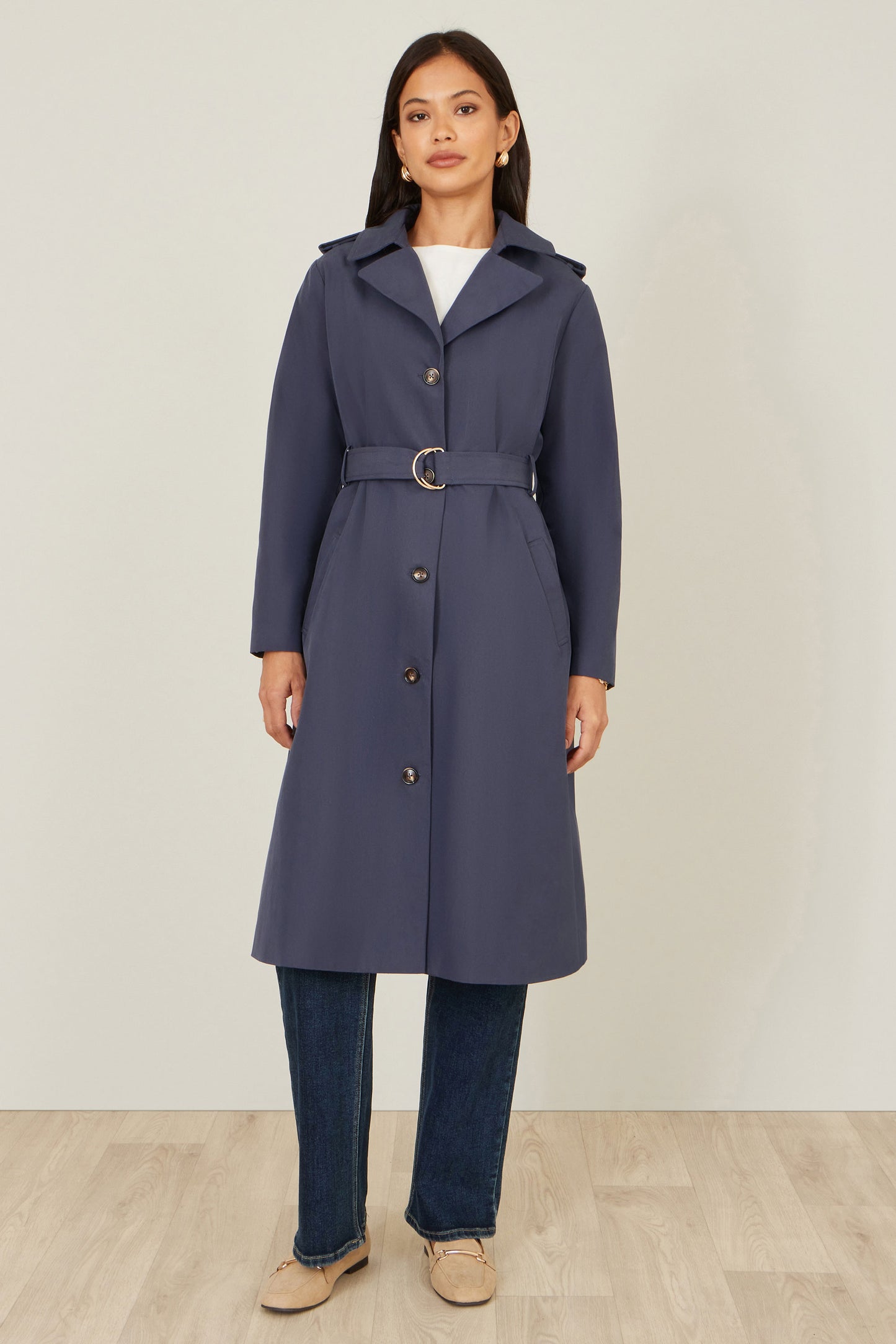 Yumi Navy Belted Long Trench Coat With Belt Outerwear Yumi
