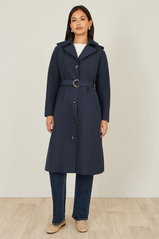 Yumi Navy Belted Long Trench Coat With Belt Outerwear Yumi