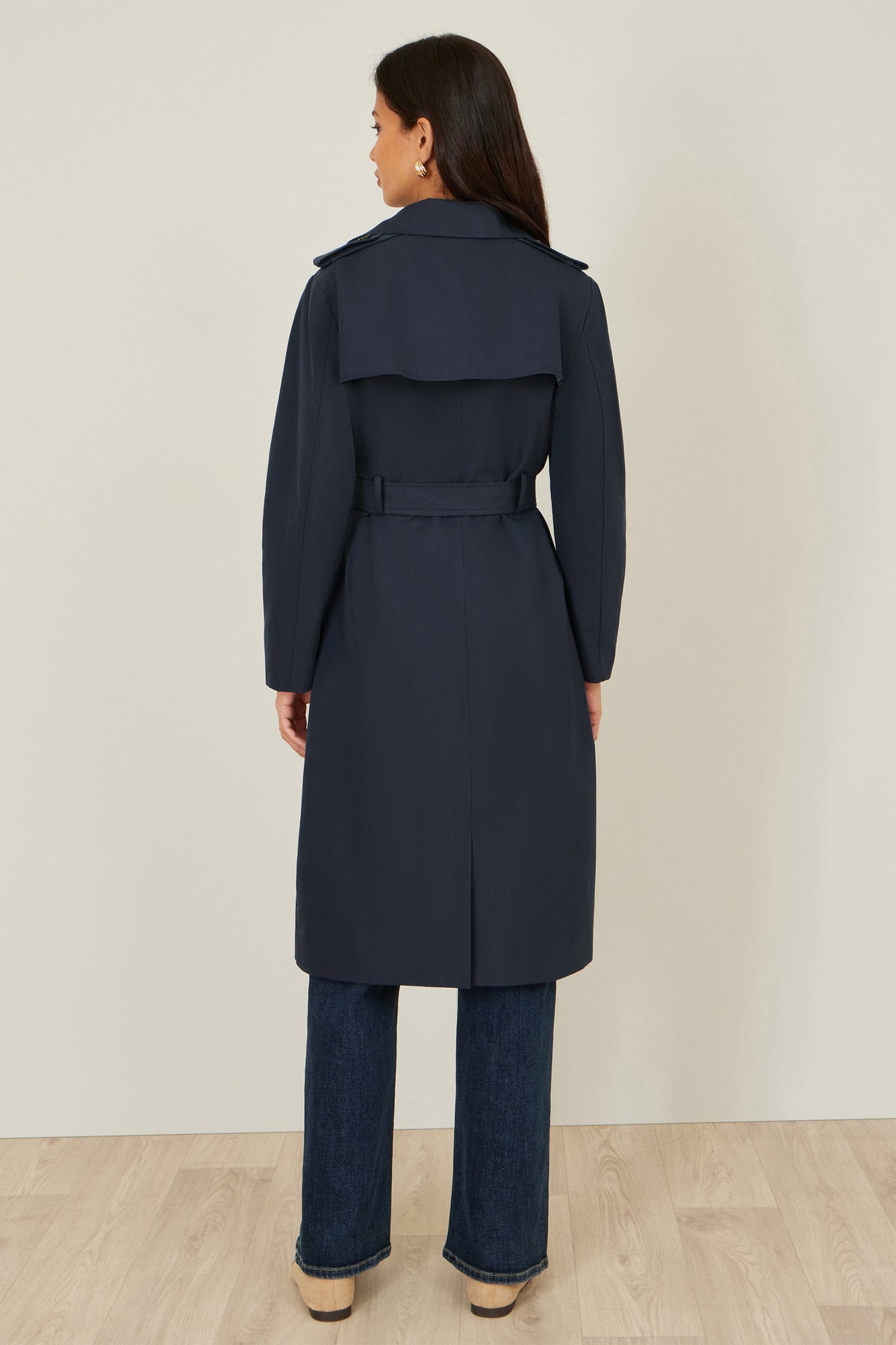Yumi Navy Belted Long Trench Coat With Belt Outerwear Yumi