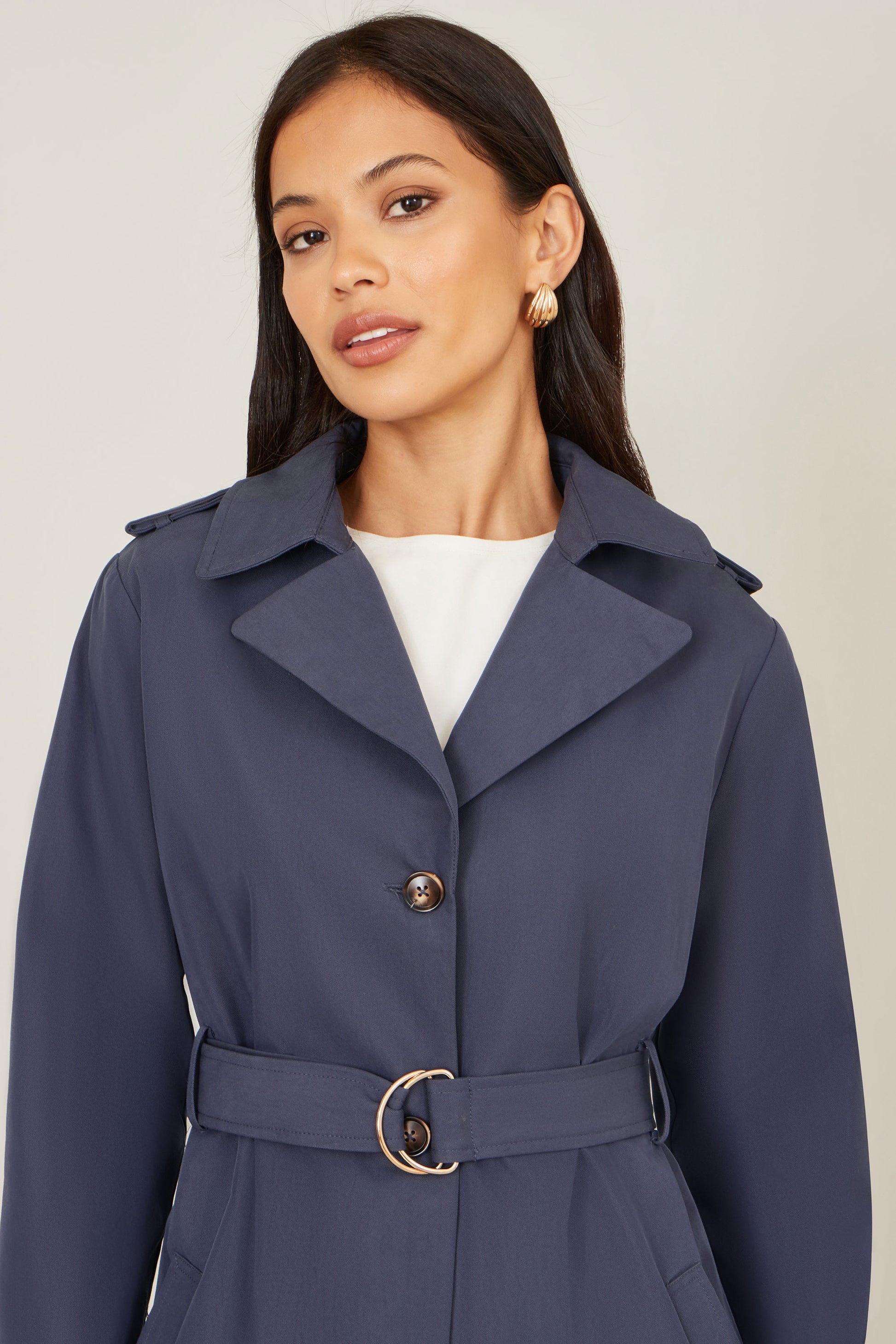 Yumi Navy Belted Long Trench Coat With Belt Outerwear Yumi