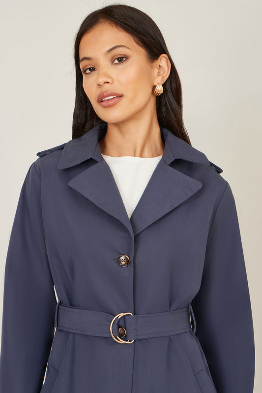 Yumi Navy Belted Long Trench Coat With Belt Outerwear Yumi
