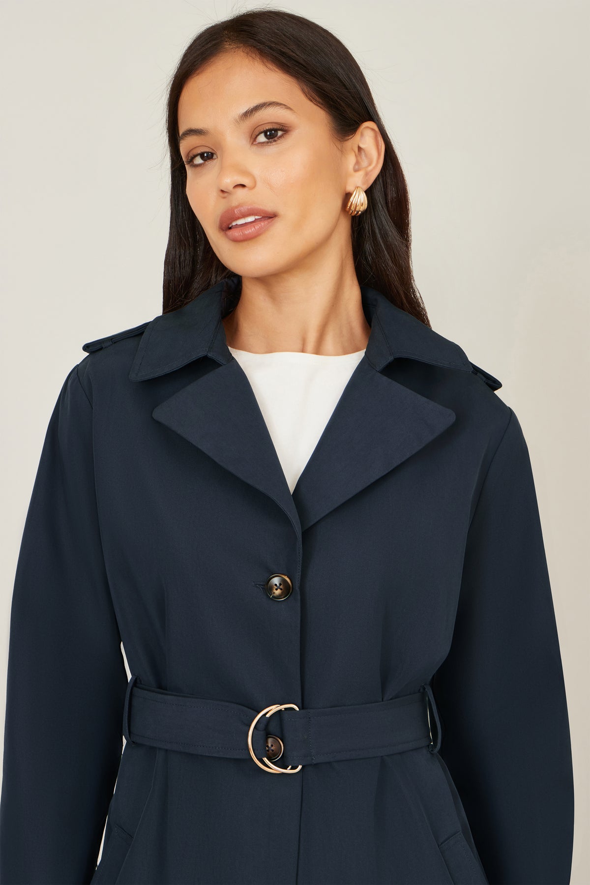 Yumi Navy Belted Long Trench Coat With Belt Outerwear Yumi