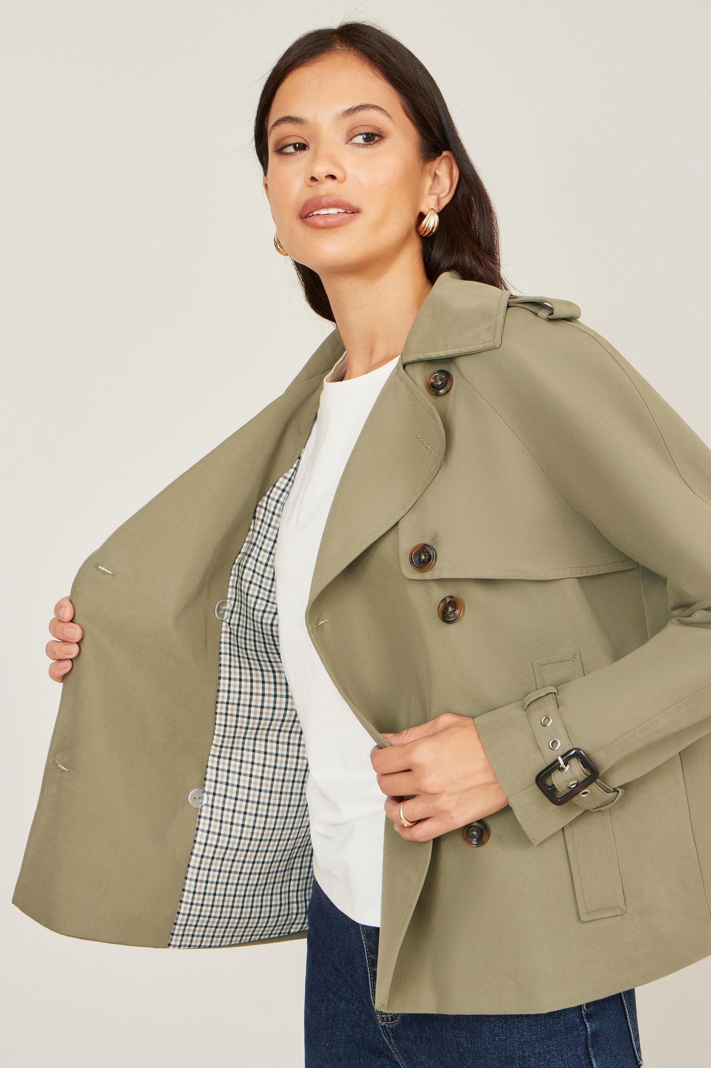 Yumi Green Cropped Trench Jacket With Pockets and Check Lining Outerwear Yumi
